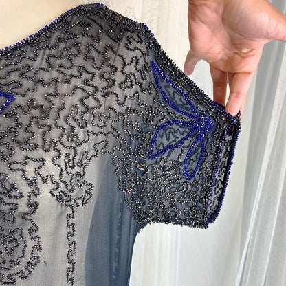 Vintage 1920's Dress - Sheer Black Silk Crepe with Heavy Glass Seed Beadwork & Split Sleeves - Size XS - Daggers & Dames