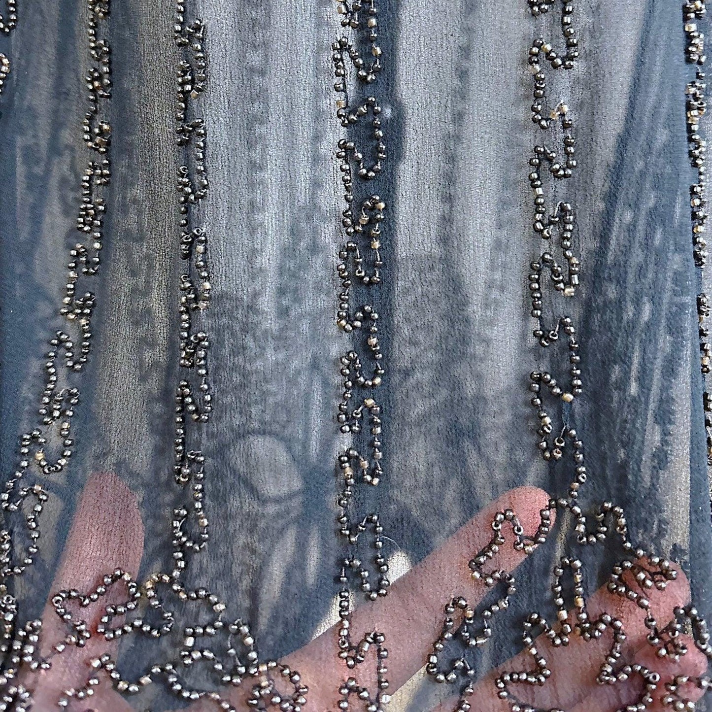 Vintage 1920's Dress - Sheer Black Silk Crepe with Heavy Glass Seed Beadwork & Split Sleeves - Size XS - Daggers & Dames