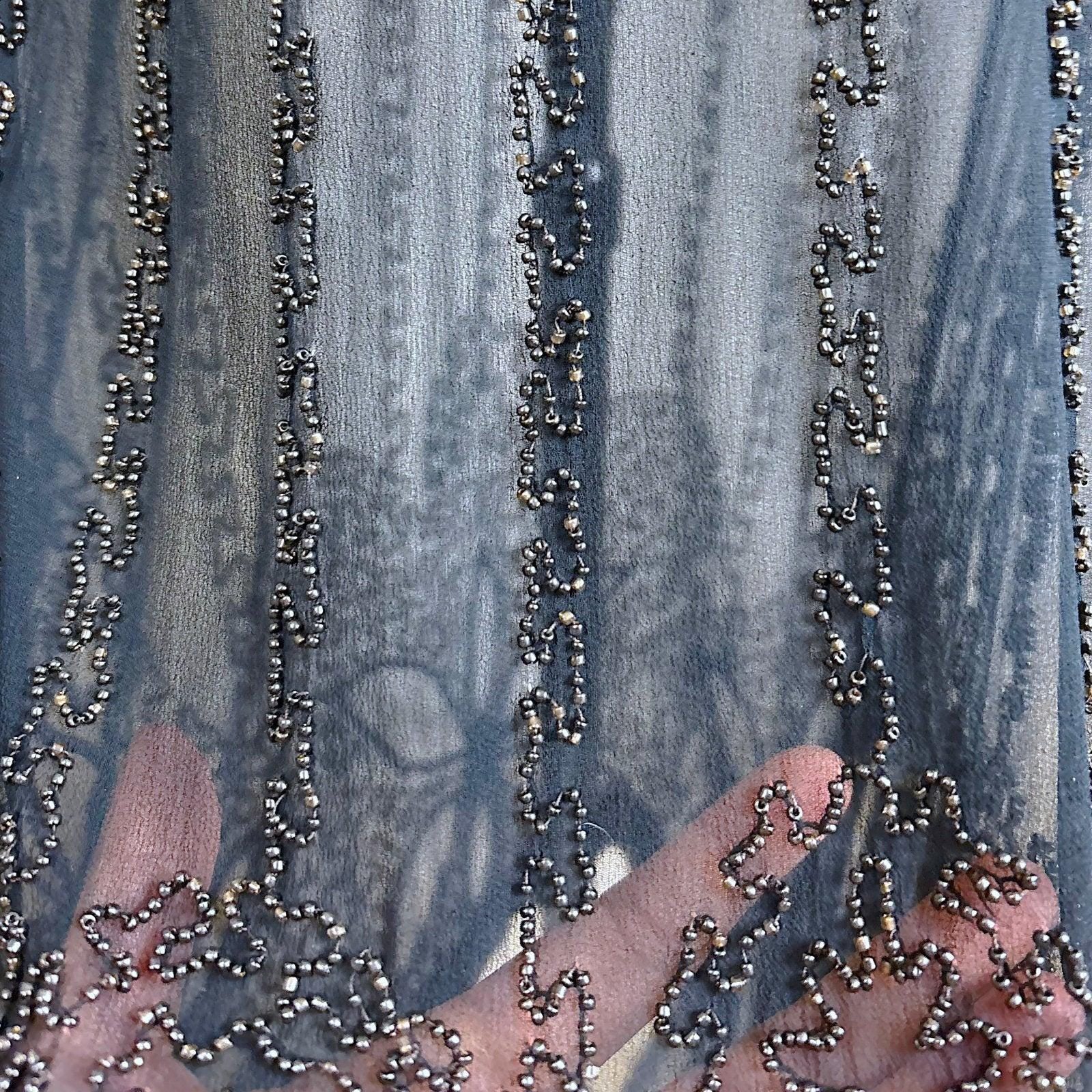 Vintage 1920's Dress - Sheer Black Silk Crepe with Heavy Glass Seed Beadwork & Split Sleeves - Size XS - Daggers & Dames