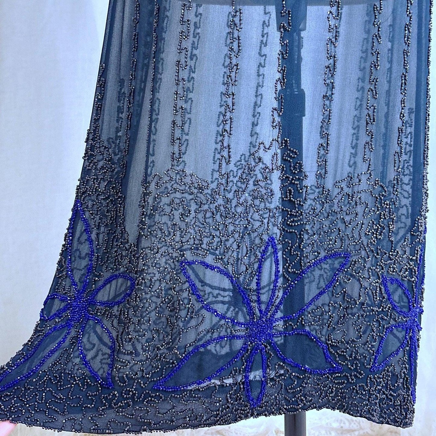 Vintage 1920's Dress - Sheer Black Silk Crepe with Heavy Glass Seed Beadwork & Split Sleeves - Size XS - Daggers & Dames