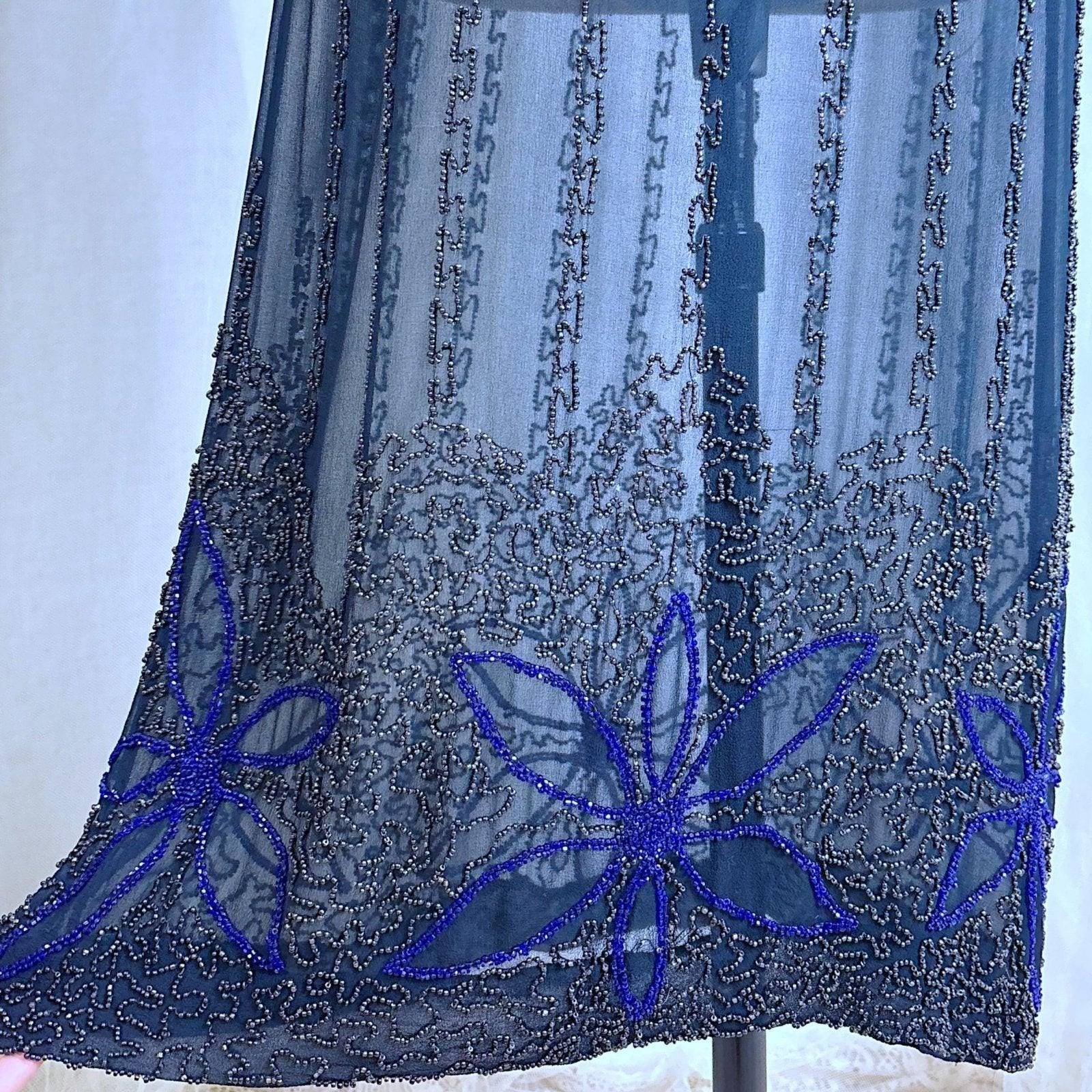 Vintage 1920's Dress - Sheer Black Silk Crepe with Heavy Glass Seed Beadwork & Split Sleeves - Size XS - Daggers & Dames