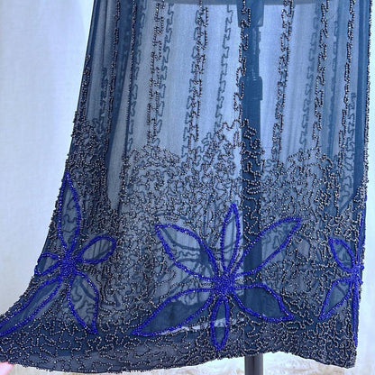 Vintage 1920's Dress - Sheer Black Silk Crepe with Heavy Glass Seed Beadwork & Split Sleeves - Size XS - Daggers & Dames