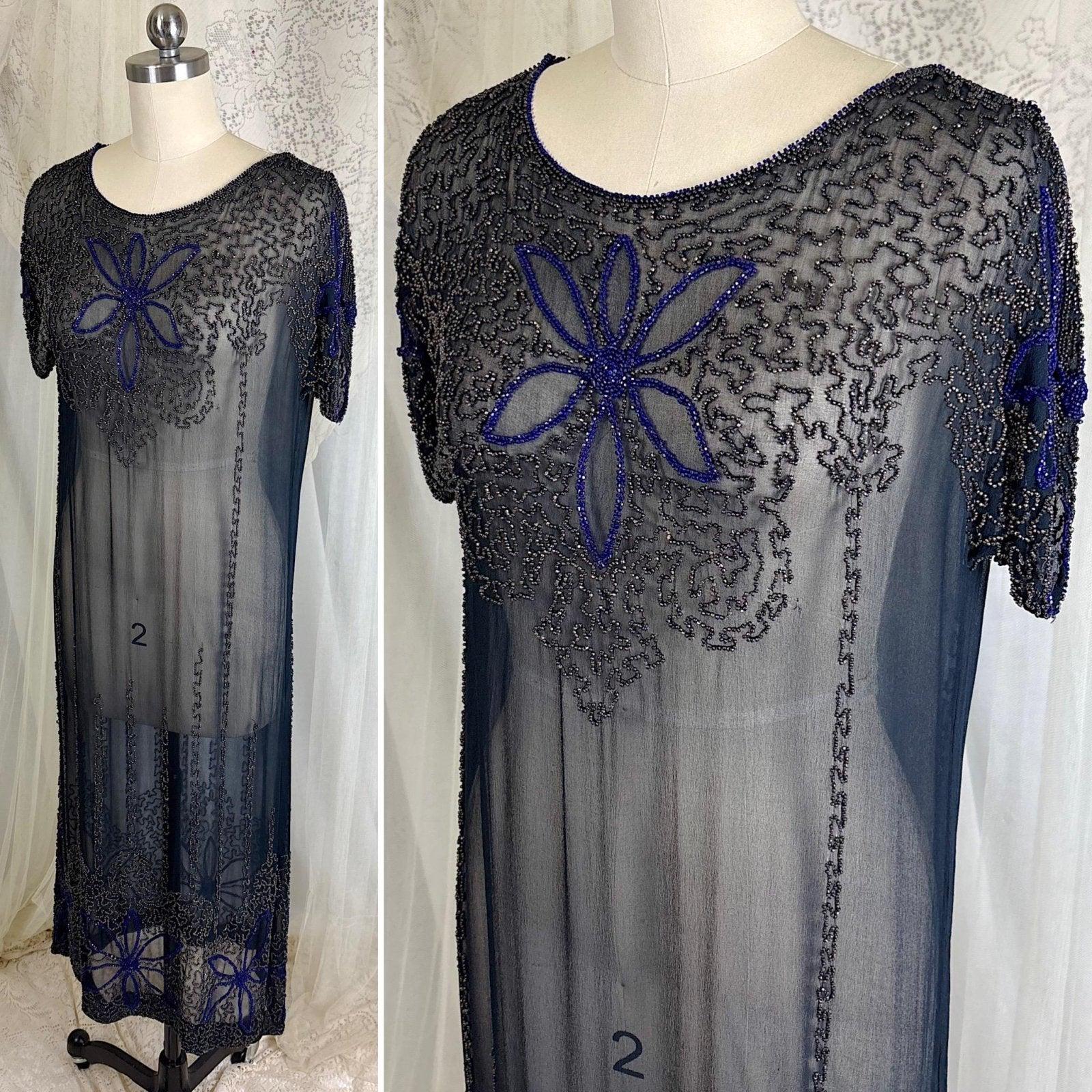 Vintage 1920's Dress - Sheer Black Silk Crepe with Heavy Glass Seed Beadwork & Split Sleeves - Size XS - Daggers & Dames