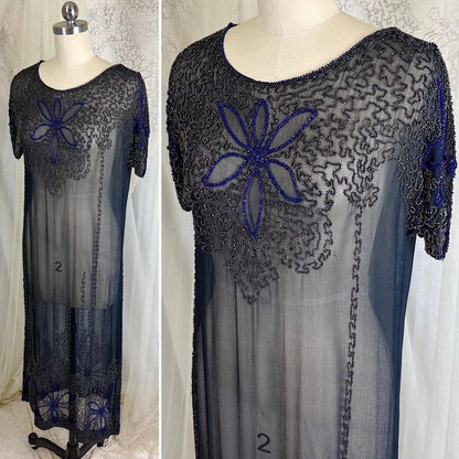 Vintage 1920's Dress - Sheer Black Silk Crepe with Heavy Glass Seed Beadwork & Split Sleeves - Size XS - Daggers & Dames
