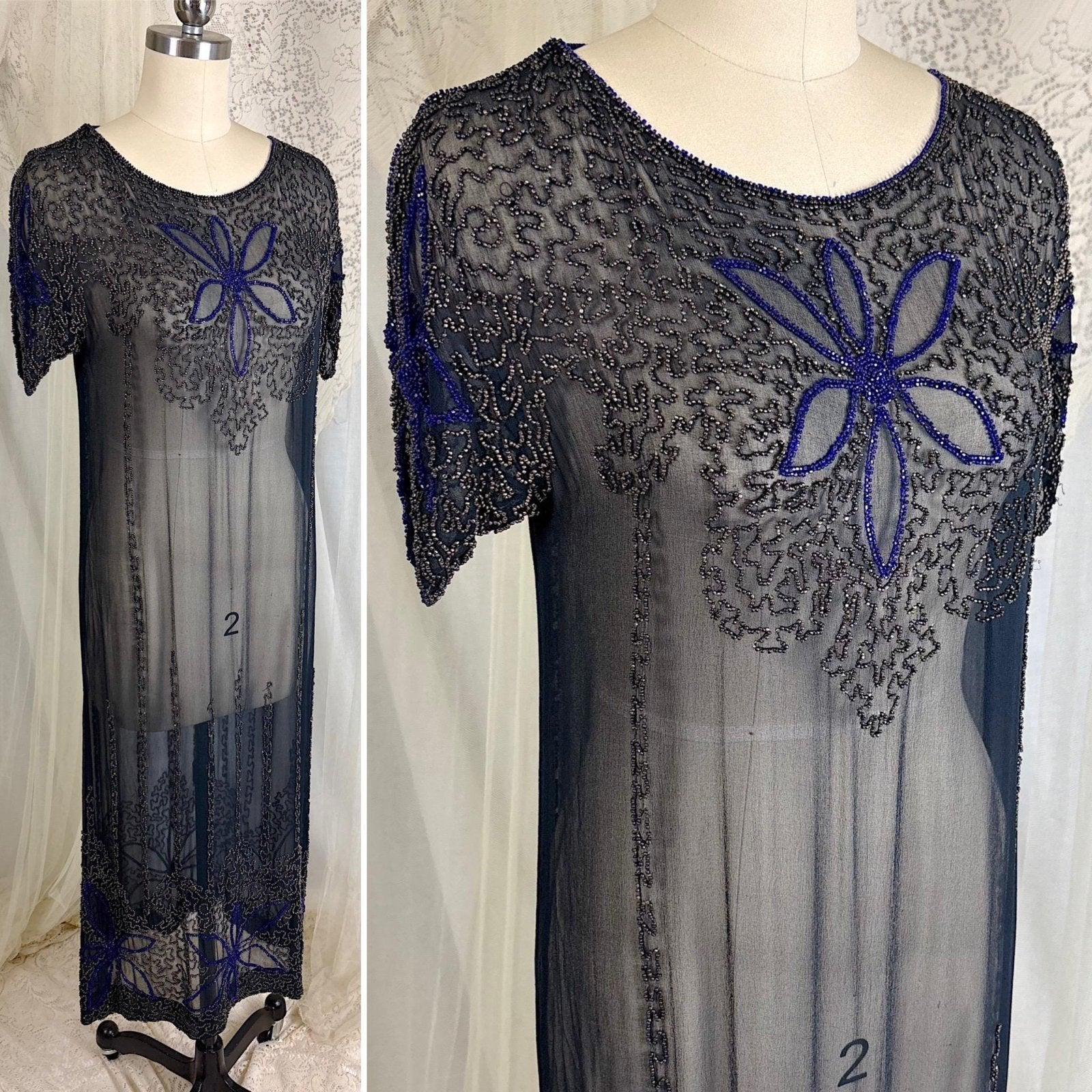 Vintage 1920's Dress - Sheer Black Silk Crepe with Heavy Glass Seed Beadwork & Split Sleeves - Size XS - Daggers & Dames