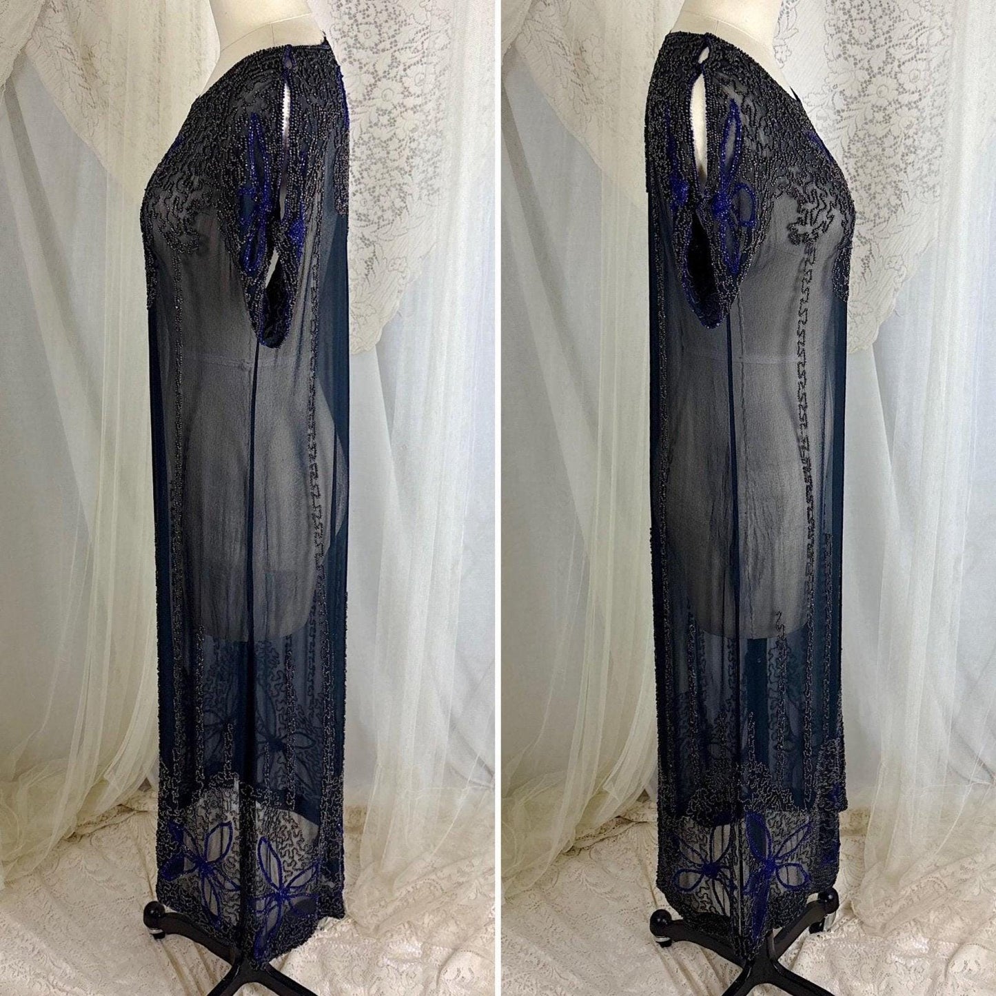 Vintage 1920's Dress - Sheer Black Silk Crepe with Heavy Glass Seed Beadwork & Split Sleeves - Size XS - Daggers & Dames
