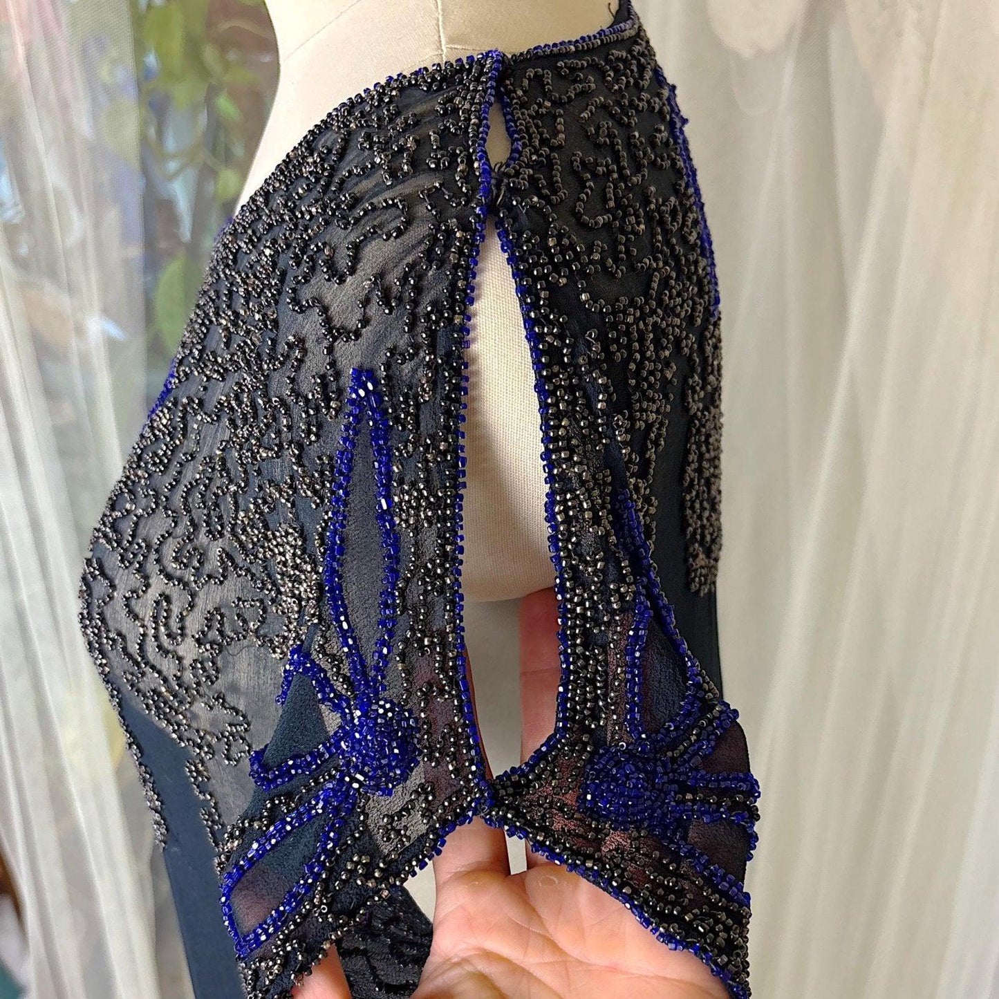 Vintage 1920's Dress - Sheer Black Silk Crepe with Heavy Glass Seed Beadwork & Split Sleeves - Size XS - Daggers & Dames