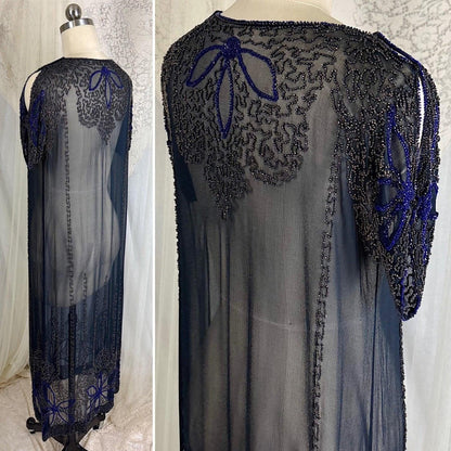 Vintage 1920's Dress - Sheer Black Silk Crepe with Heavy Glass Seed Beadwork & Split Sleeves - Size XS - Daggers & Dames
