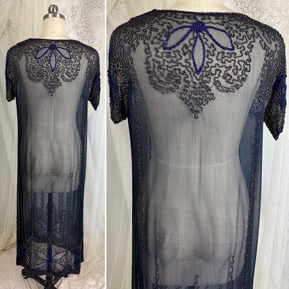 Vintage 1920's Dress - Sheer Black Silk Crepe with Heavy Glass Seed Beadwork & Split Sleeves - Size XS - Daggers & Dames
