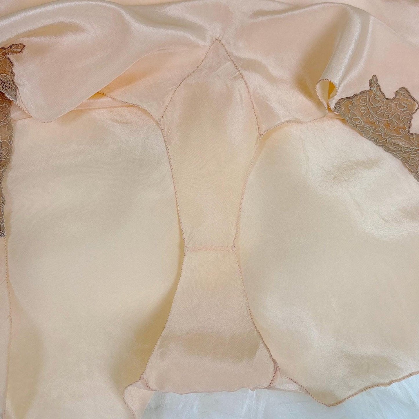 Vintage 1930's Tap Pants - Light Peach Semi Sheer Silk with Deep Mocha Lace Appliques - Size S, M - By Yolande - Daggers & Dames