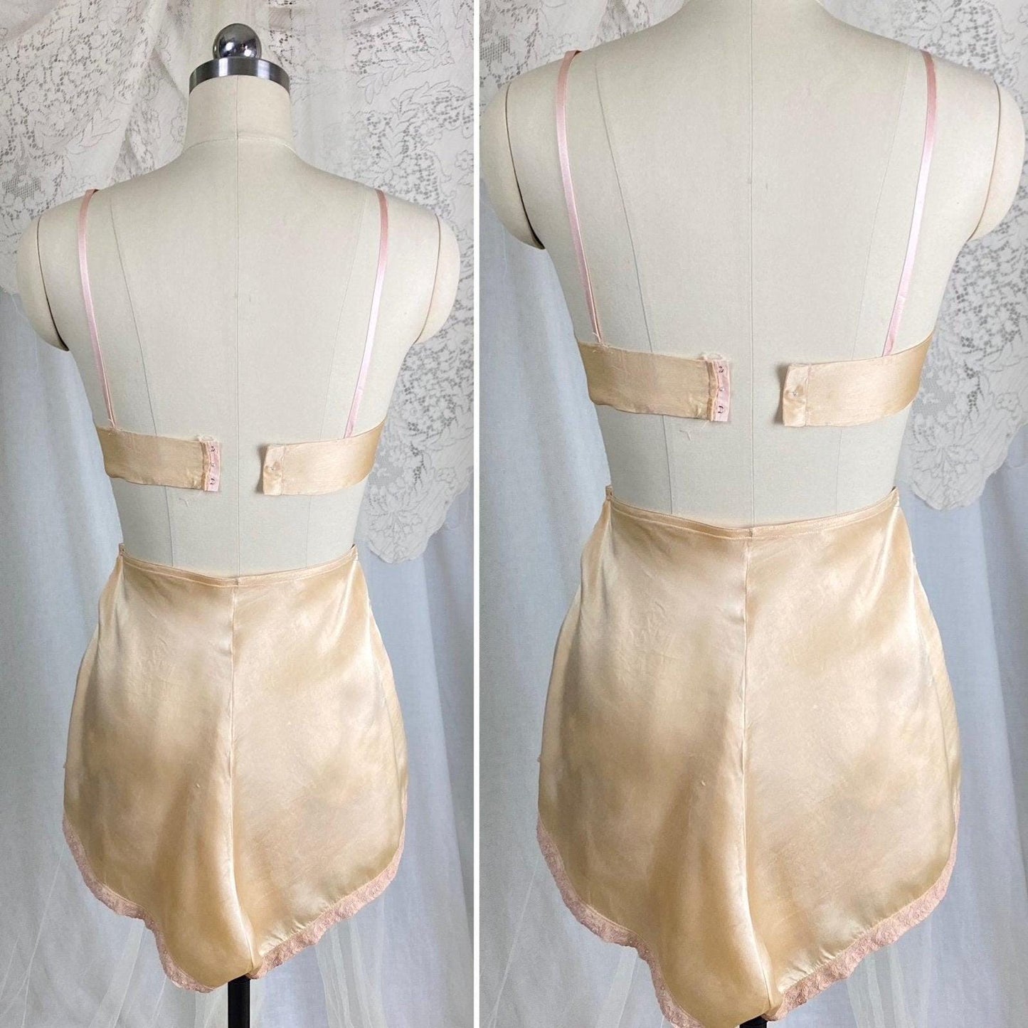 Vintage 1930's Bralette & Tap Pants Set | Rich Golden Champagne Silk with Warm Nude Lace | Size XS, S | By Neiman Marcus - Daggers & Dames