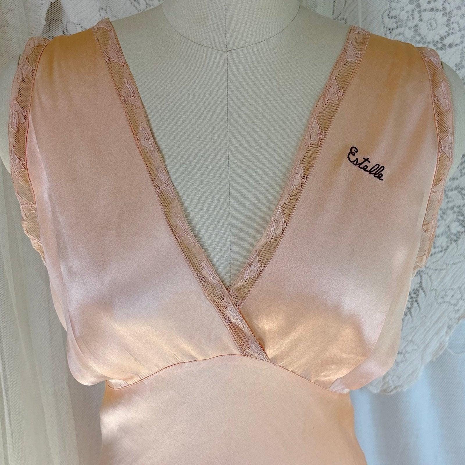 Vintage 1930's Nightgown - Rich Peach Silk Satin with Warm Nude Lace & Red Estelle Monogram, size M, LG - Daggers & Dames