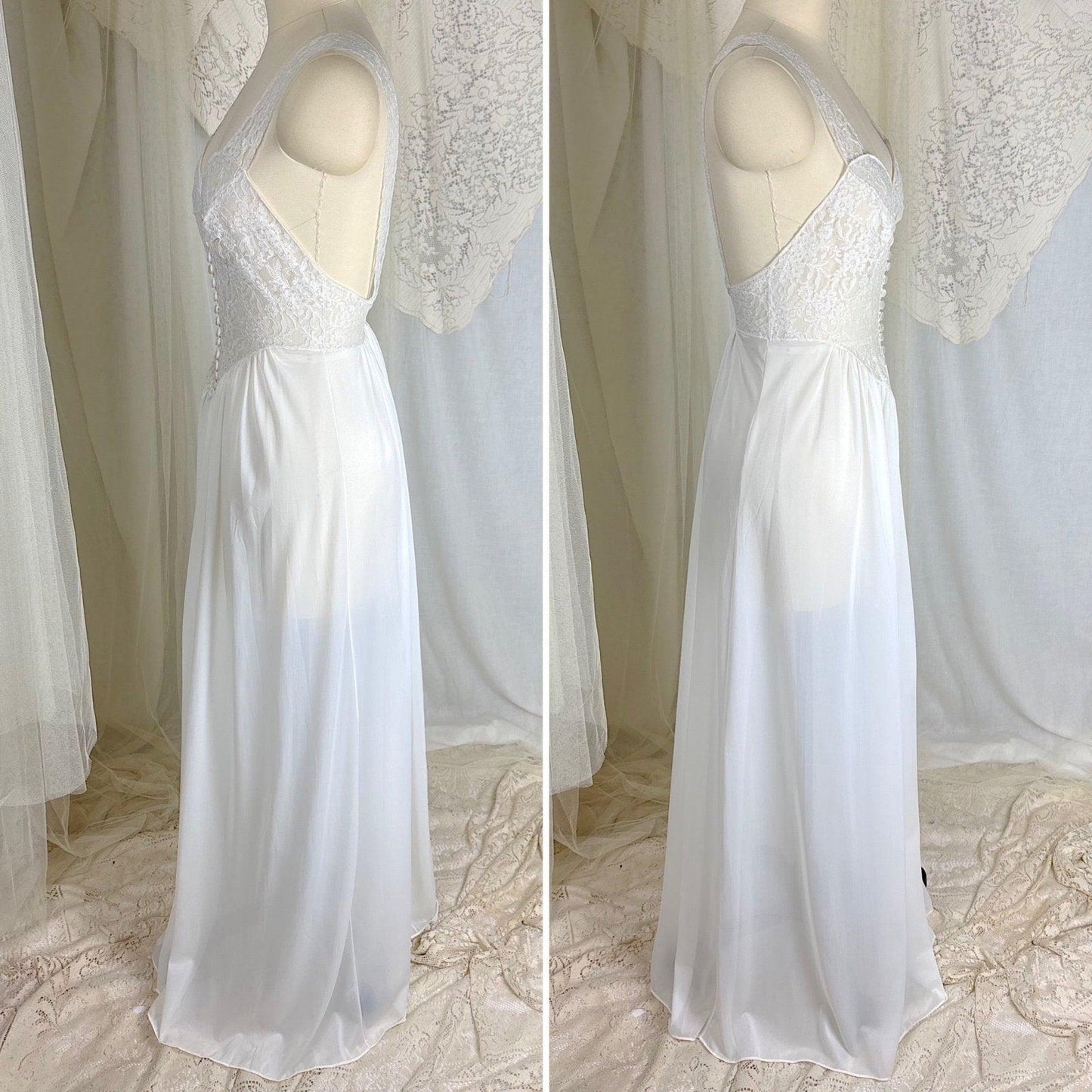 1950's - 1960's Nightgown - White Nylon with Heart Shaped Lace Button - up Bodice & Open Back by Colura - Daggers & Dames