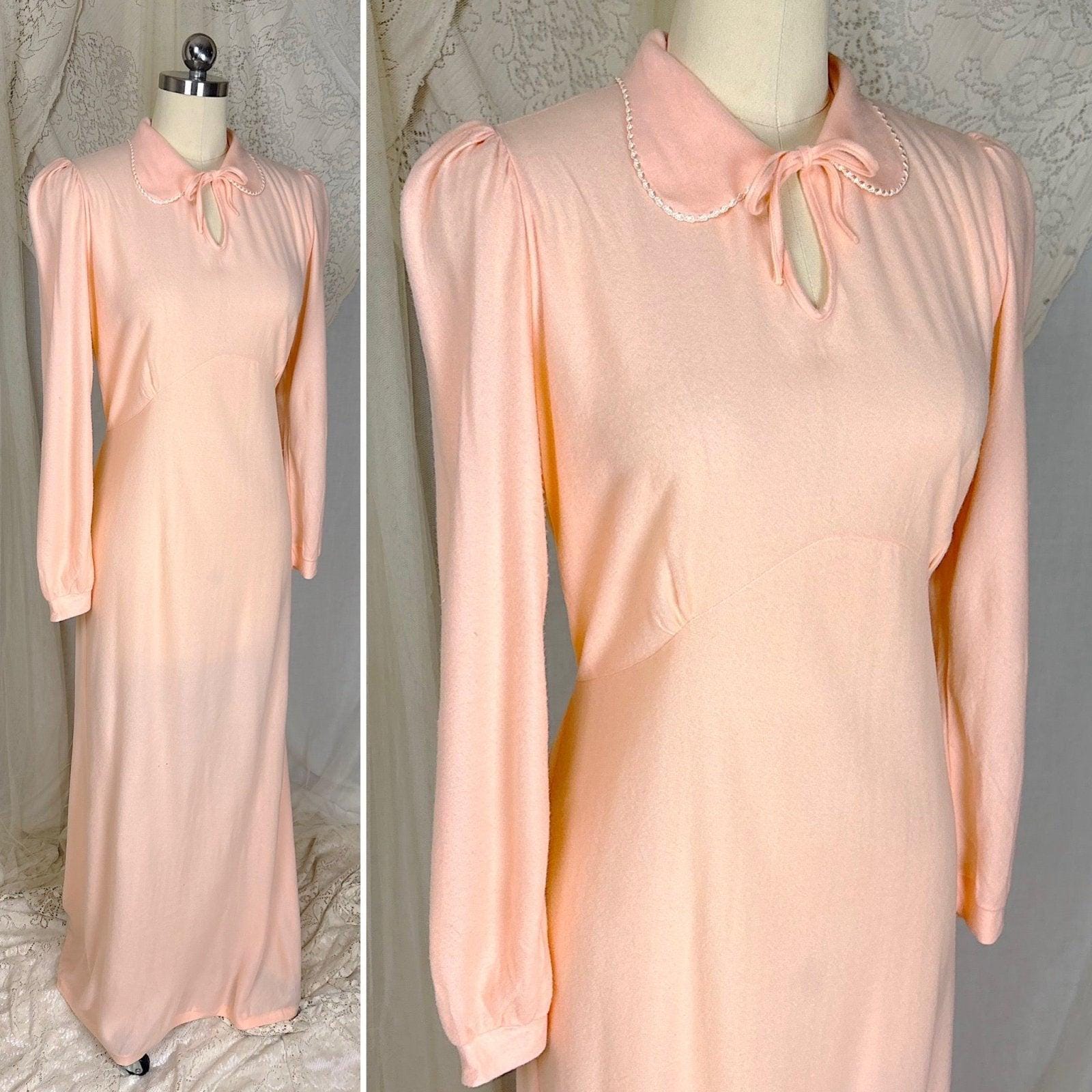 1940's Nightgown - Palest Peach Brushed Rayon with Long Sleeves & Keyhole Neck by Gordon Forest Mills - Daggers & Dames