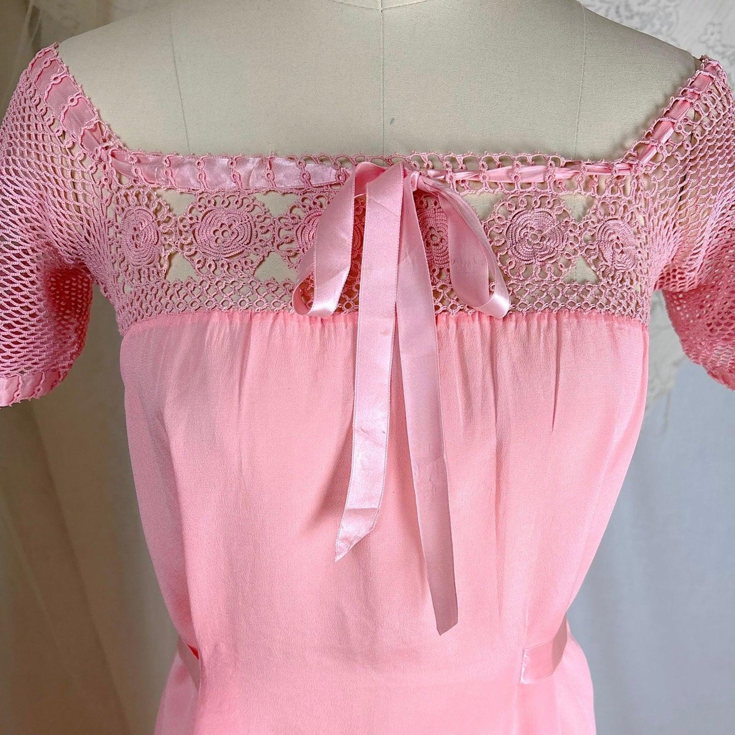 1910's - 1920's Nightgown - Melon Pink Silk Crepe with Crochet Lace Yoke & Silk Ribbon Ties - Daggers & Dames
