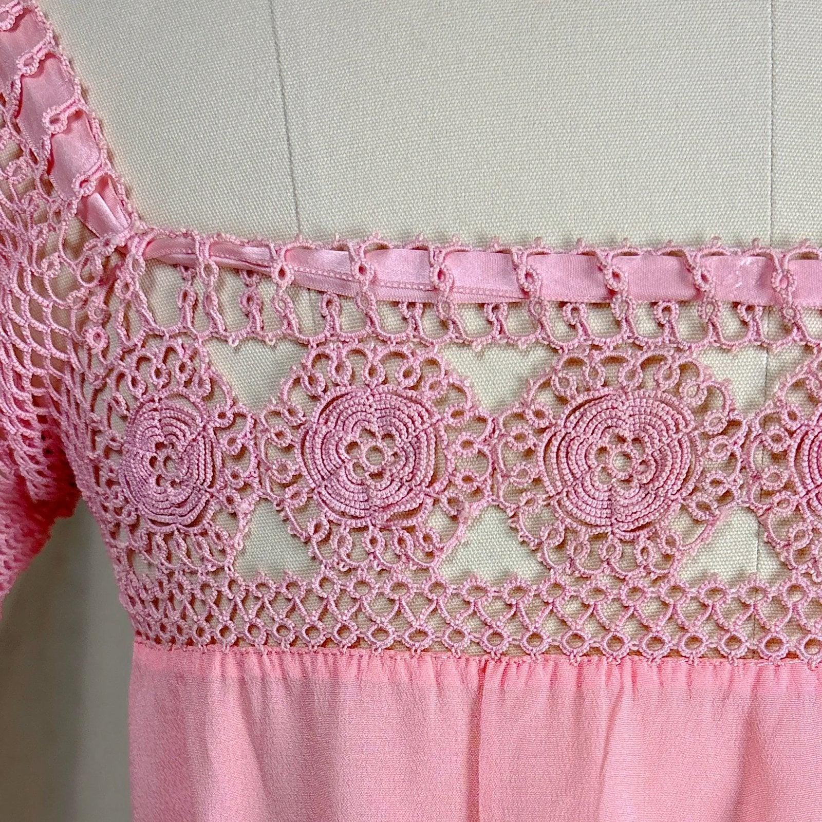 1910's - 1920's Nightgown - Melon Pink Silk Crepe with Crochet Lace Yoke & Silk Ribbon Ties - Daggers & Dames