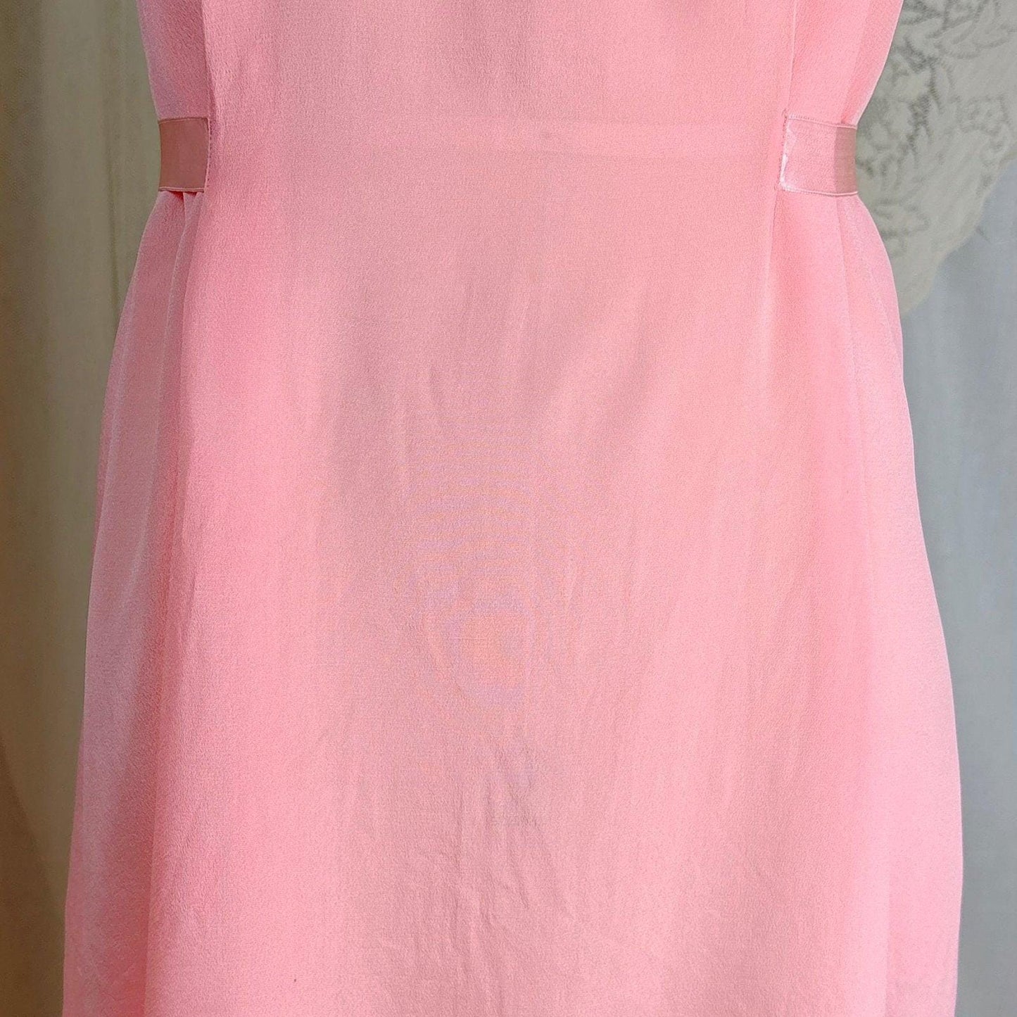 1910's - 1920's Nightgown - Melon Pink Silk Crepe with Crochet Lace Yoke & Silk Ribbon Ties - Daggers & Dames