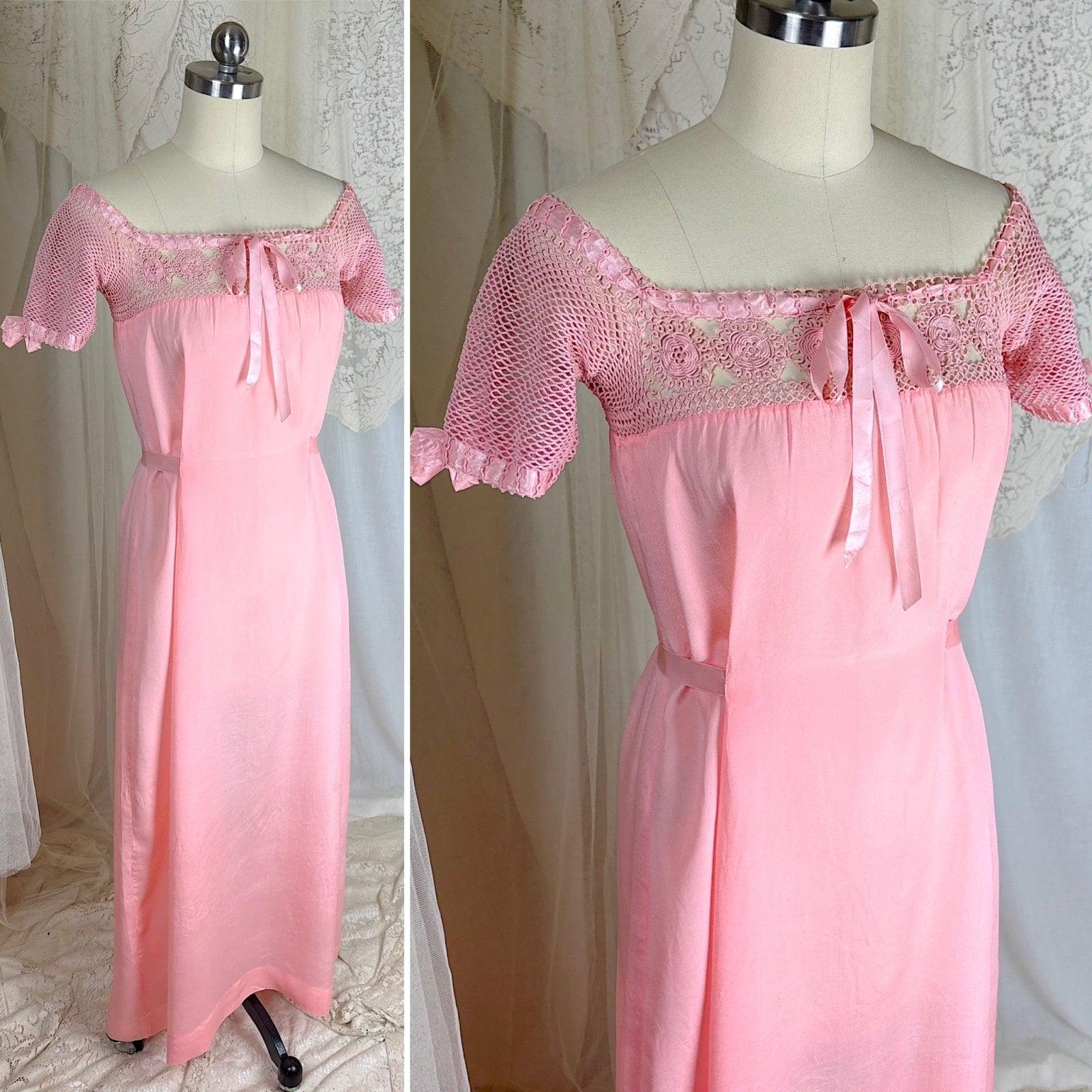 1910's - 1920's Nightgown - Melon Pink Silk Crepe with Crochet Lace Yoke & Silk Ribbon Ties - Daggers & Dames