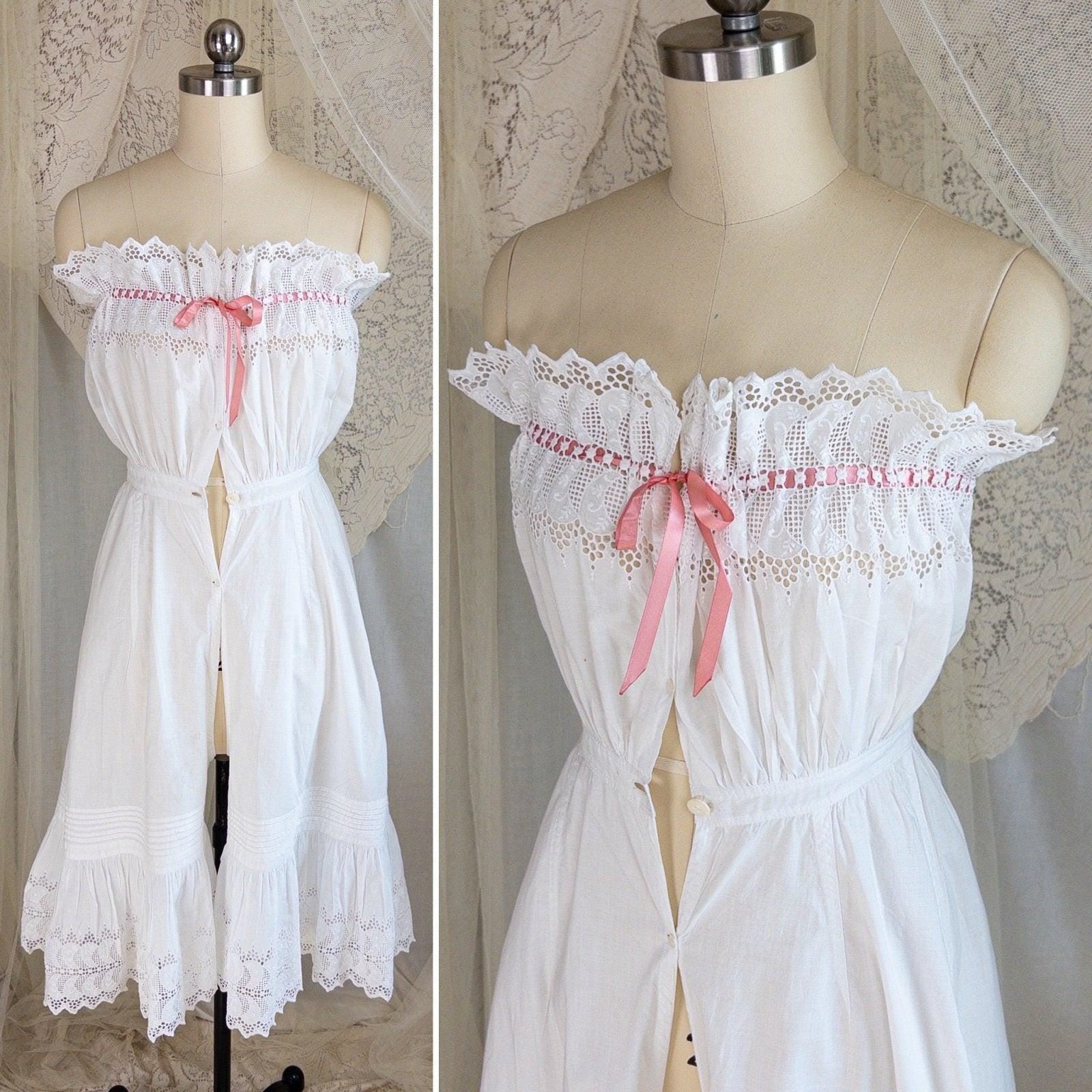 1900's Victorian Era Camiknickers - White Cotton with Elaborate Scalloped Eyelet Lace with Pink Ribbon Drawstring - Daggers & Dames