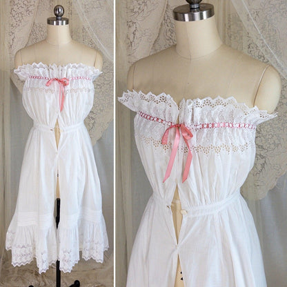 1900's Victorian Era Camiknickers - White Cotton with Elaborate Scalloped Eyelet Lace with Pink Ribbon Drawstring - Daggers & Dames