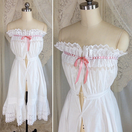 1900's Victorian Era Camiknickers - White Cotton with Elaborate Scalloped Eyelet Lace with Pink Ribbon Drawstring - Daggers & Dames