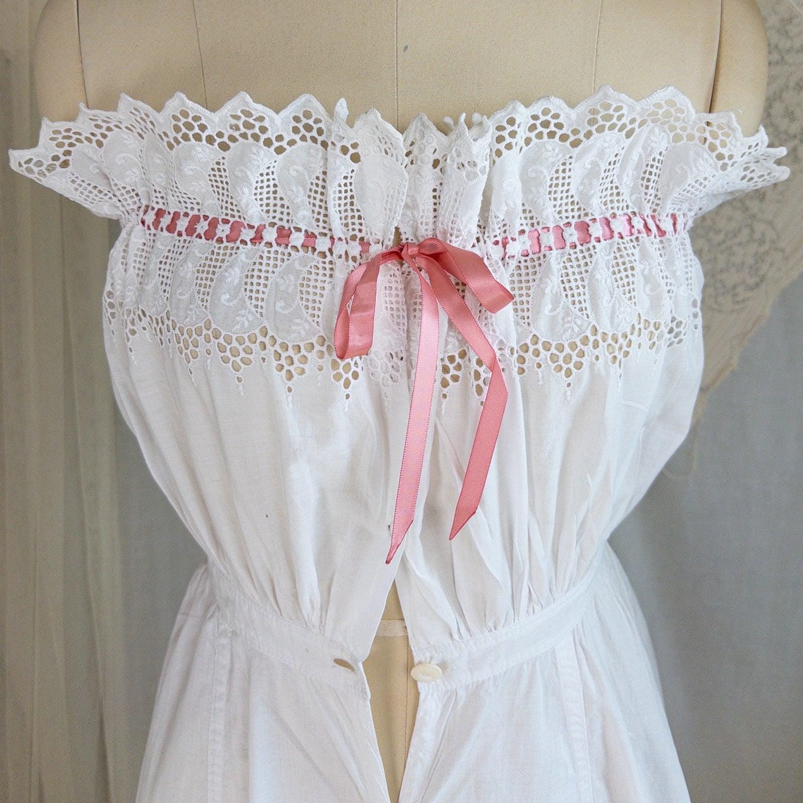 1900's Victorian Era Camiknickers - White Cotton with Elaborate Scalloped Eyelet Lace with Pink Ribbon Drawstring - Daggers & Dames