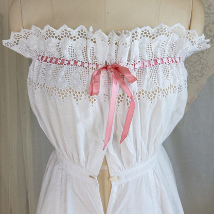 1900's Victorian Era Camiknickers - White Cotton with Elaborate Scalloped Eyelet Lace with Pink Ribbon Drawstring - Daggers & Dames