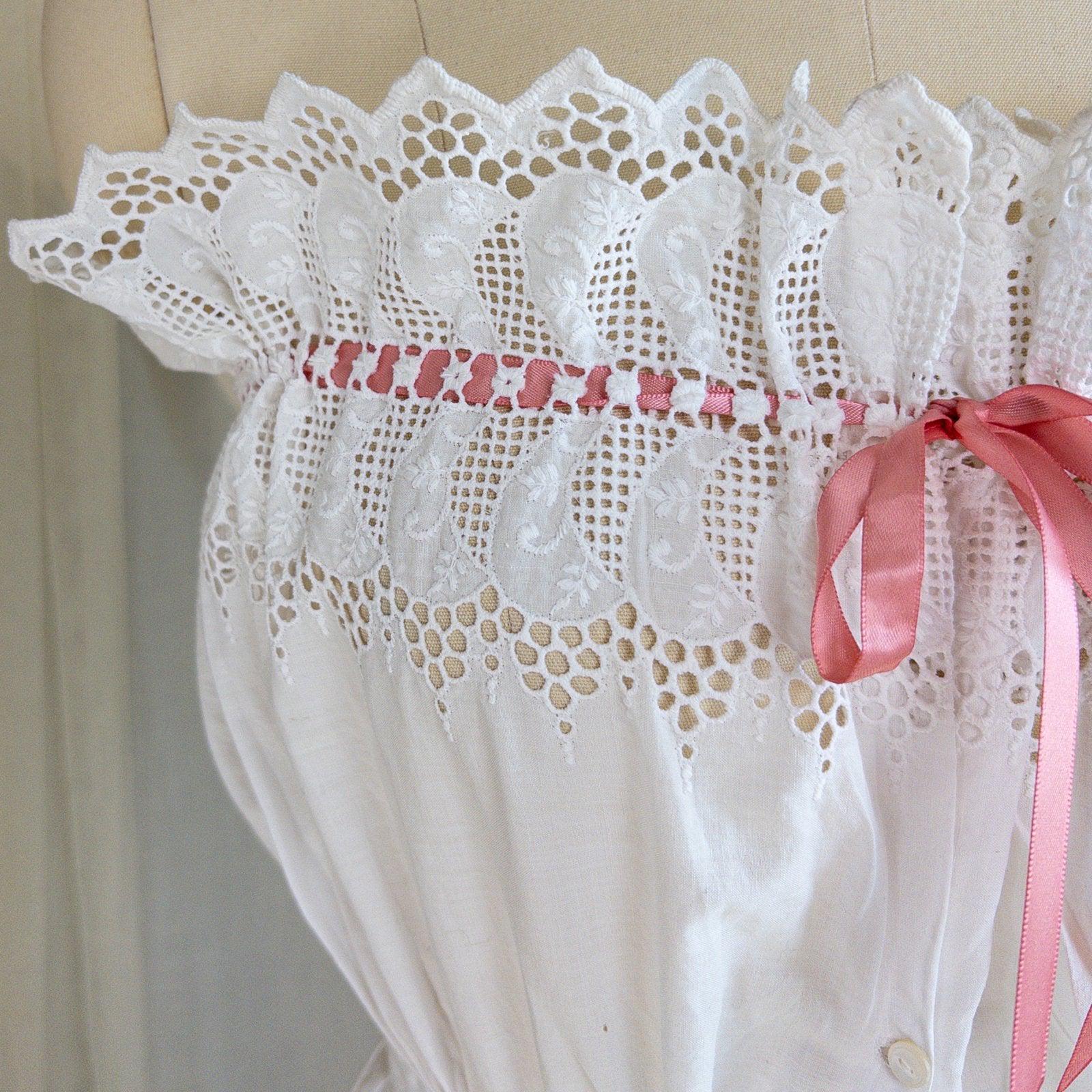 1900's Victorian Era Camiknickers - White Cotton with Elaborate Scalloped Eyelet Lace with Pink Ribbon Drawstring - Daggers & Dames