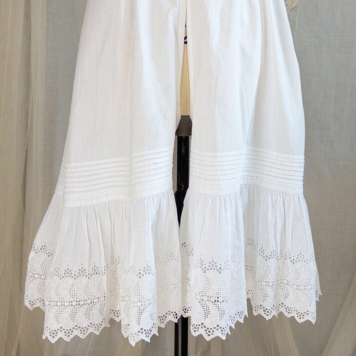 1900's Victorian Era Camiknickers - White Cotton with Elaborate Scalloped Eyelet Lace with Pink Ribbon Drawstring - Daggers & Dames
