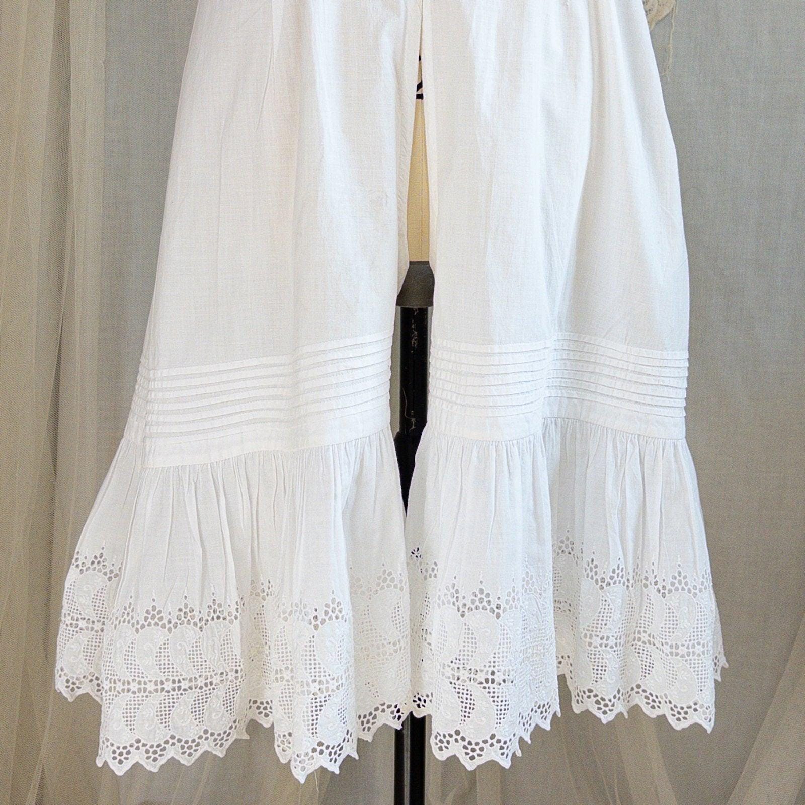 1900's Victorian Era Camiknickers - White Cotton with Elaborate Scalloped Eyelet Lace with Pink Ribbon Drawstring - Daggers & Dames