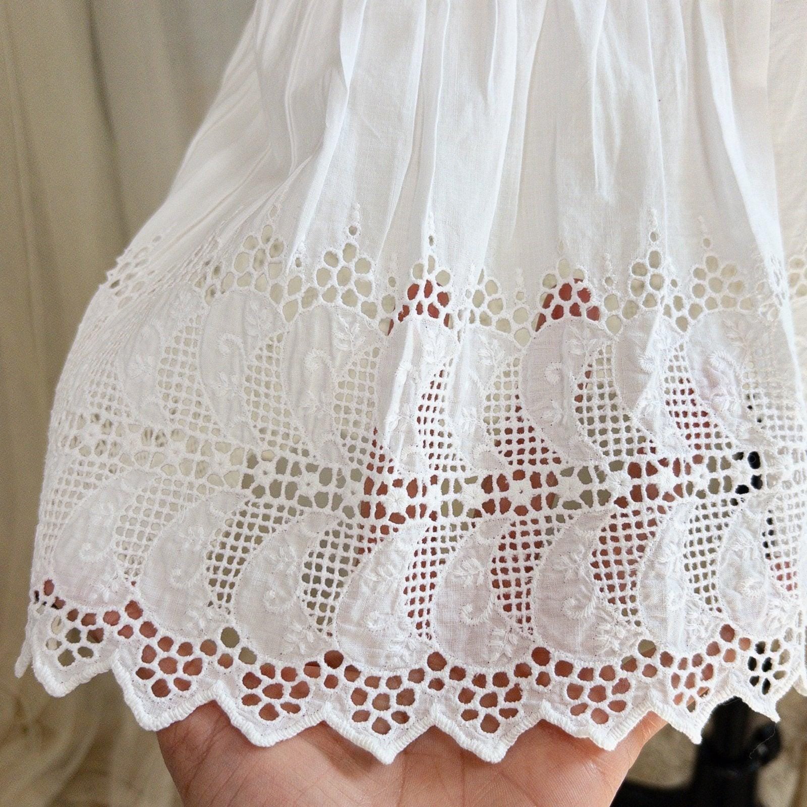 1900's Victorian Era Camiknickers - White Cotton with Elaborate Scalloped Eyelet Lace with Pink Ribbon Drawstring - Daggers & Dames