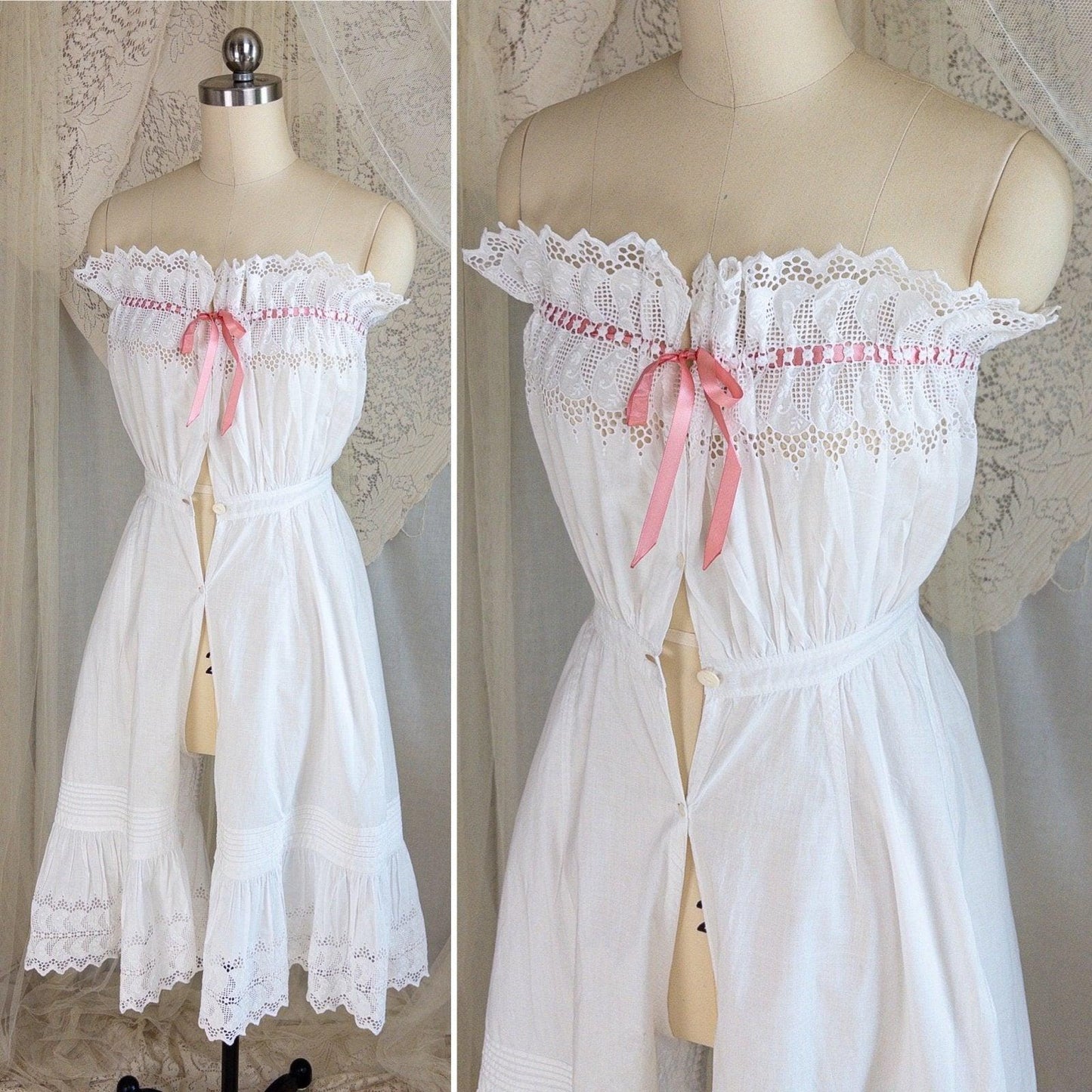 1900's Victorian Era Camiknickers - White Cotton with Elaborate Scalloped Eyelet Lace with Pink Ribbon Drawstring - Daggers & Dames