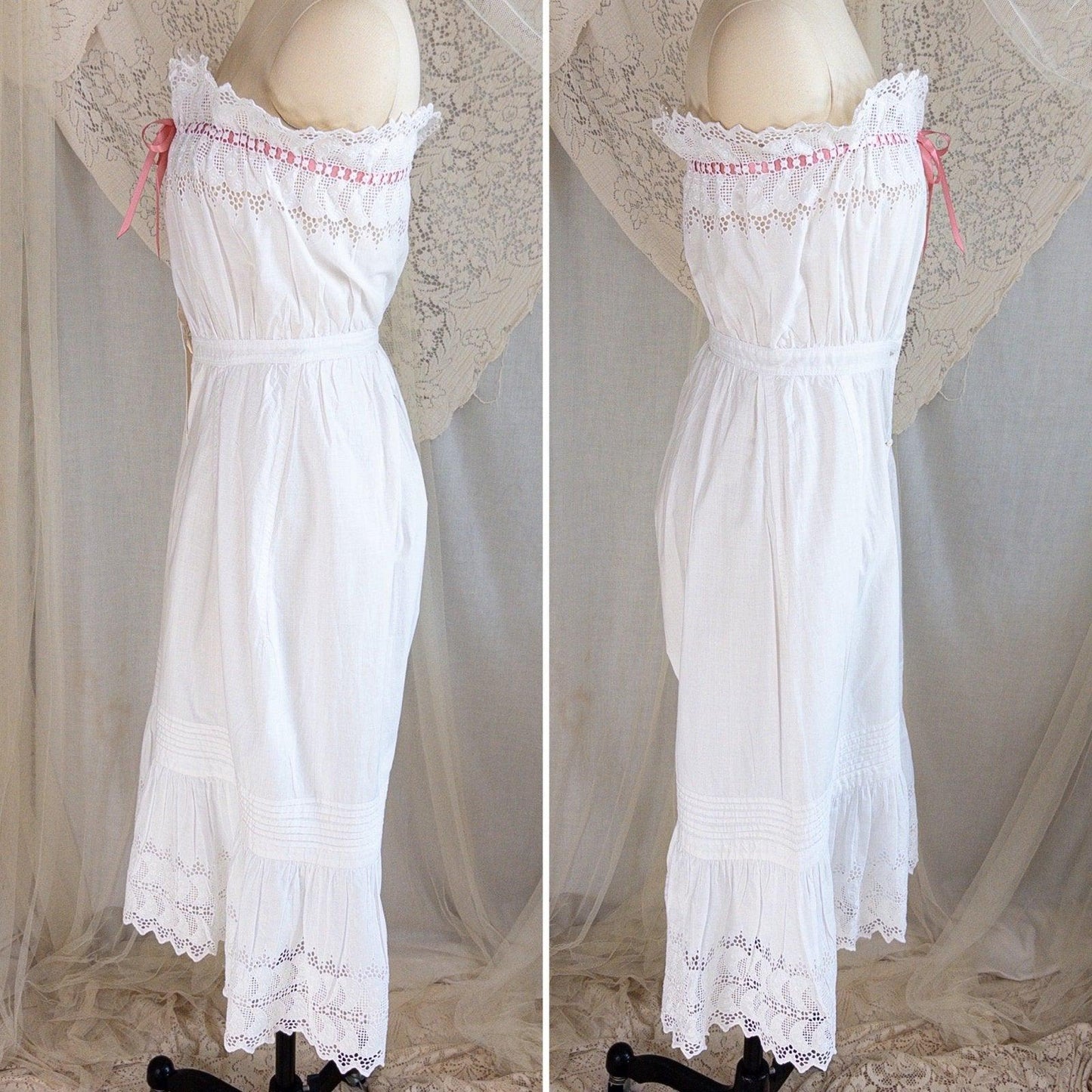 1900's Victorian Era Camiknickers - White Cotton with Elaborate Scalloped Eyelet Lace with Pink Ribbon Drawstring - Daggers & Dames