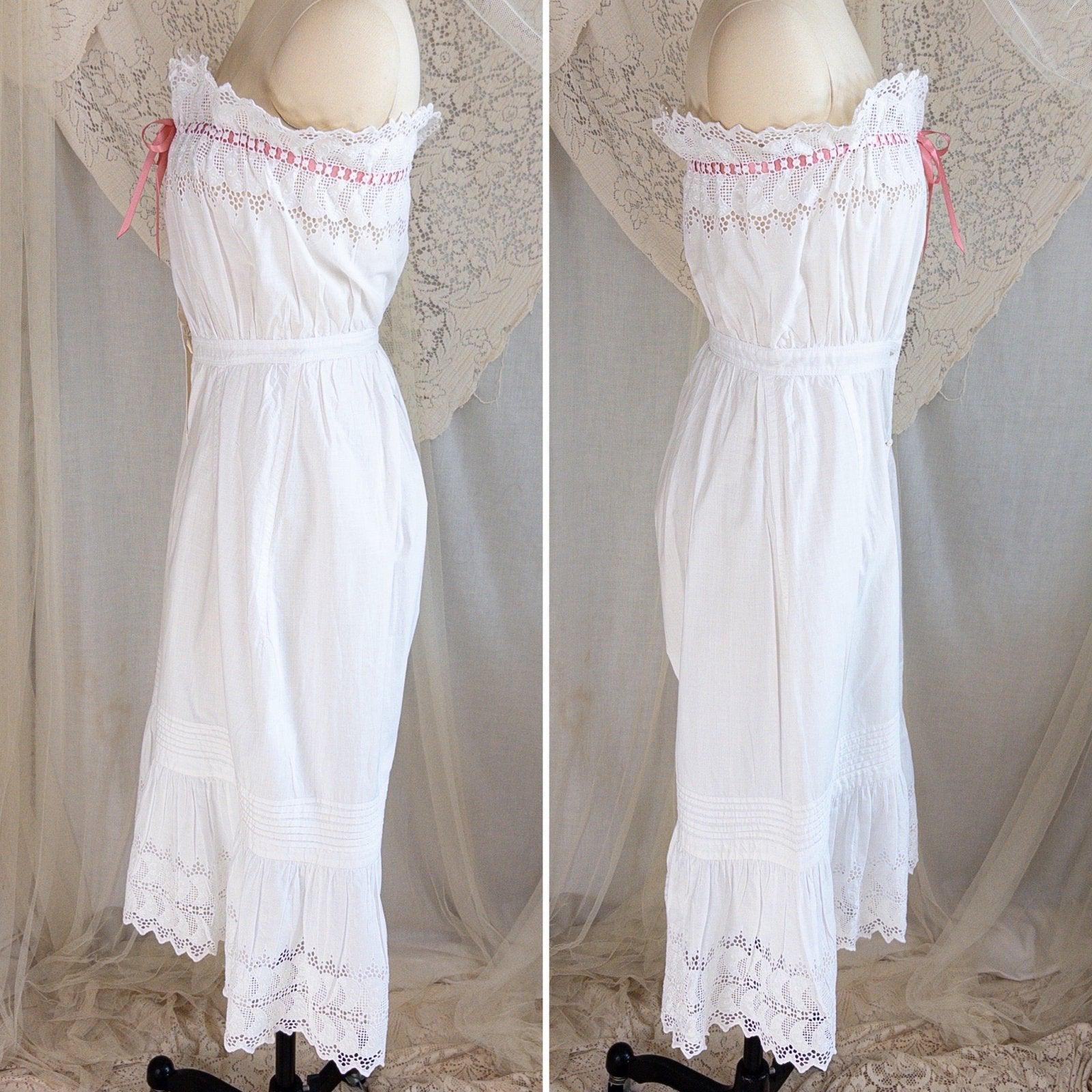 1900's Victorian Era Camiknickers - White Cotton with Elaborate Scalloped Eyelet Lace with Pink Ribbon Drawstring - Daggers & Dames