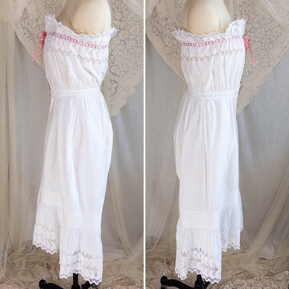 1900's Victorian Era Camiknickers - White Cotton with Elaborate Scalloped Eyelet Lace with Pink Ribbon Drawstring - Daggers & Dames