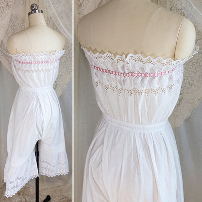 1900's Victorian Era Camiknickers - White Cotton with Elaborate Scalloped Eyelet Lace with Pink Ribbon Drawstring - Daggers & Dames