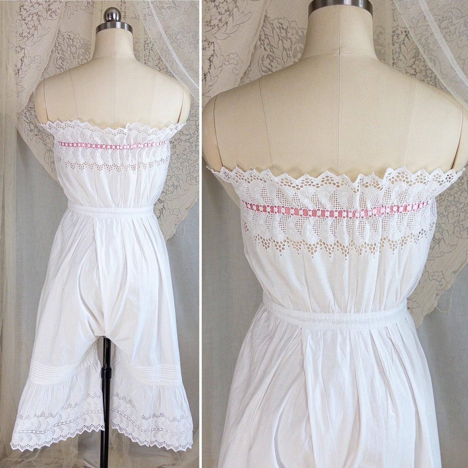 1900's Victorian Era Camiknickers - White Cotton with Elaborate Scalloped Eyelet Lace with Pink Ribbon Drawstring - Daggers & Dames