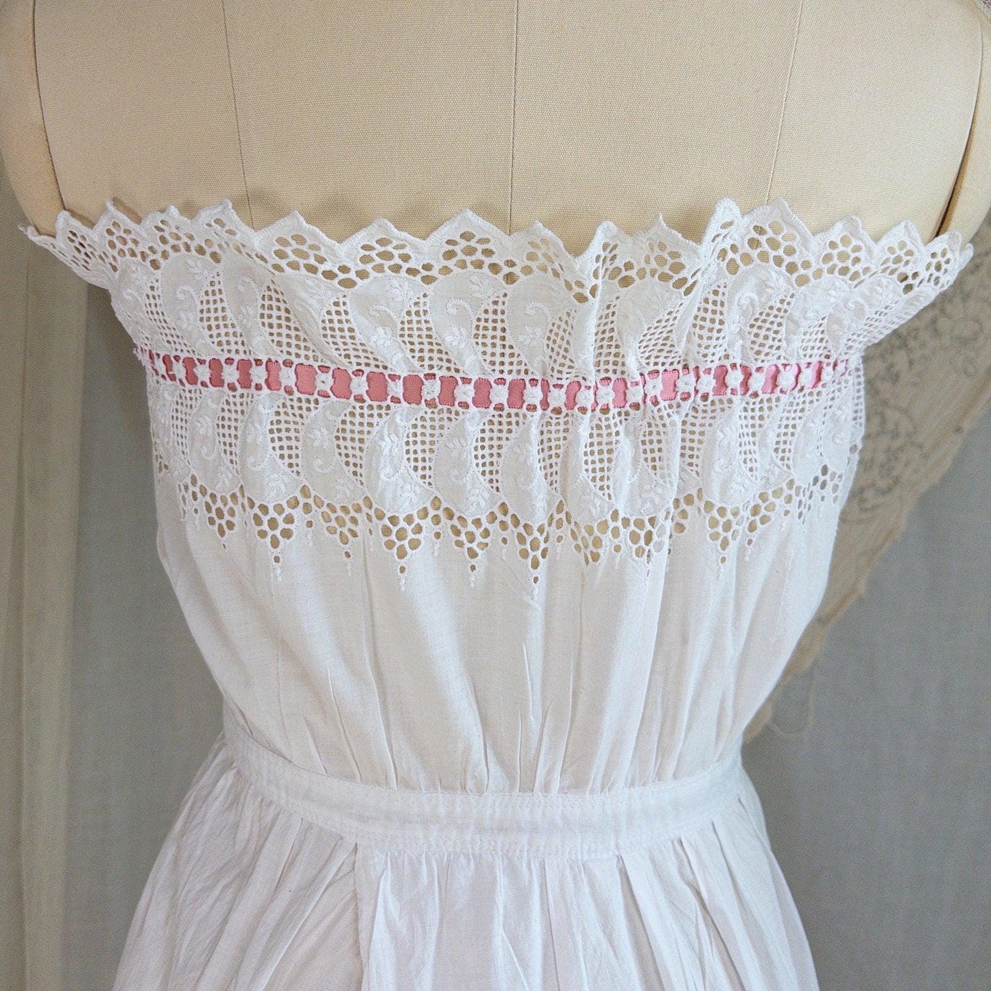 1900's Victorian Era Camiknickers - White Cotton with Elaborate Scalloped Eyelet Lace with Pink Ribbon Drawstring - Daggers & Dames