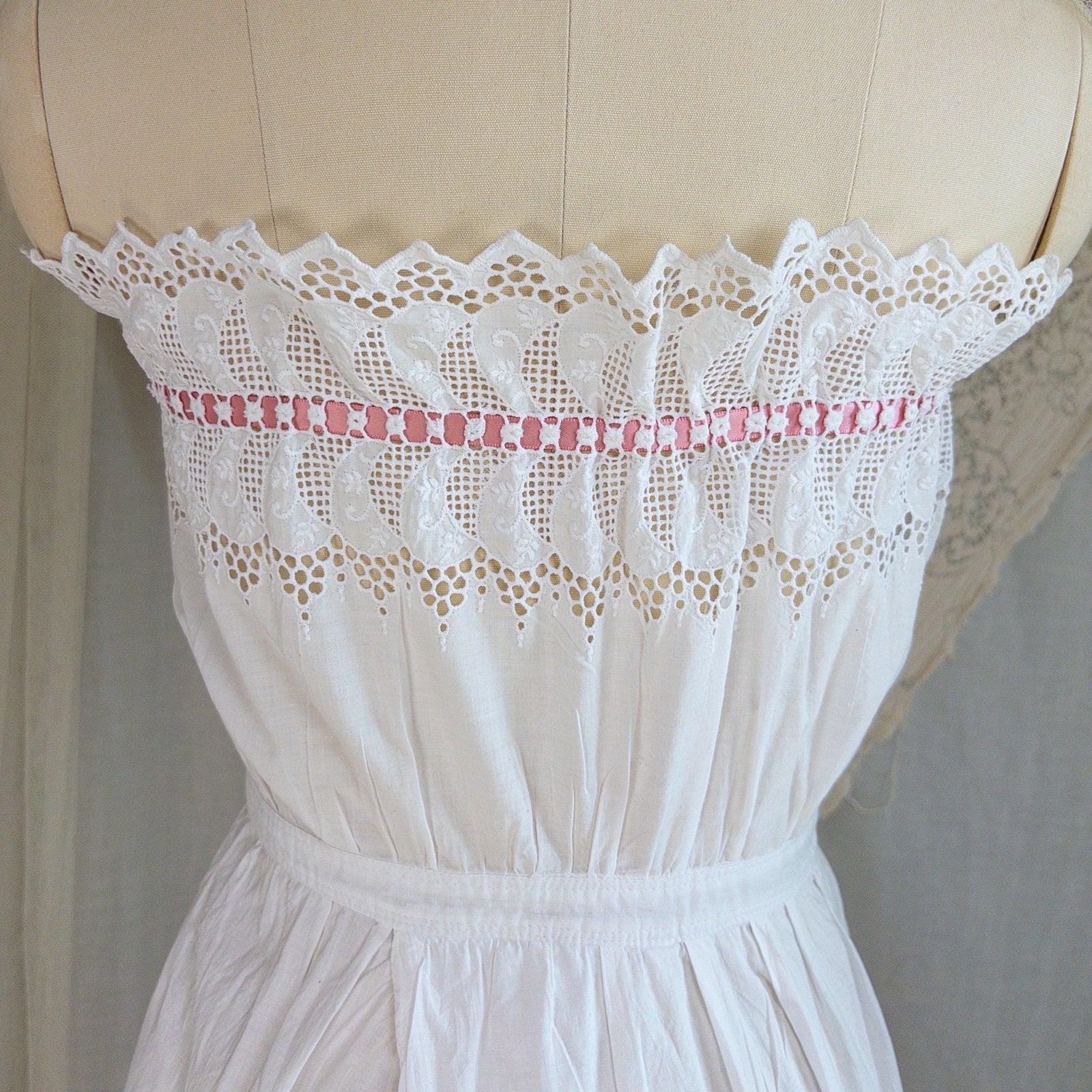 1900's Victorian Era Camiknickers - White Cotton with Elaborate Scalloped Eyelet Lace with Pink Ribbon Drawstring - Daggers & Dames