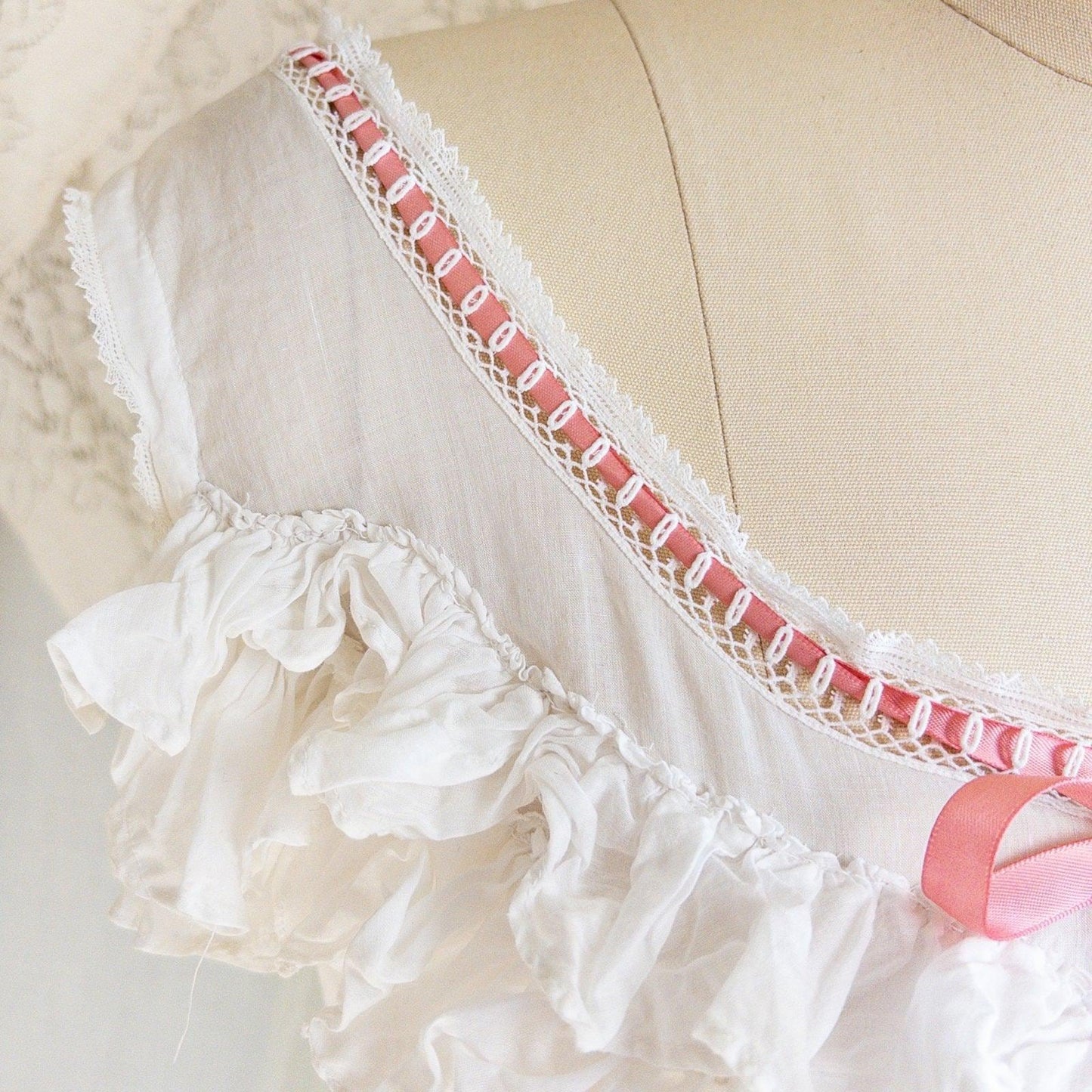 1910's Edwardian Princess Slip - White Cotton with Bobbin Lace Trim & Pink Satin Draswtrings - Daggers & Dames