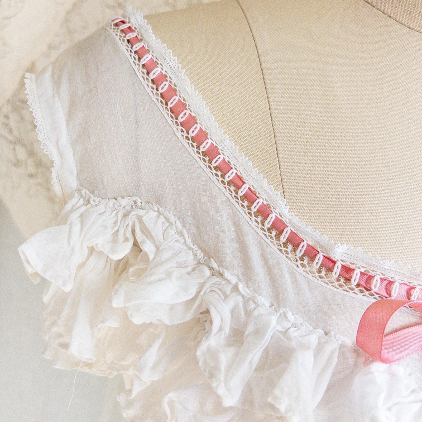 1910's Edwardian Princess Slip - White Cotton with Bobbin Lace Trim & Pink Satin Draswtrings - Daggers & Dames