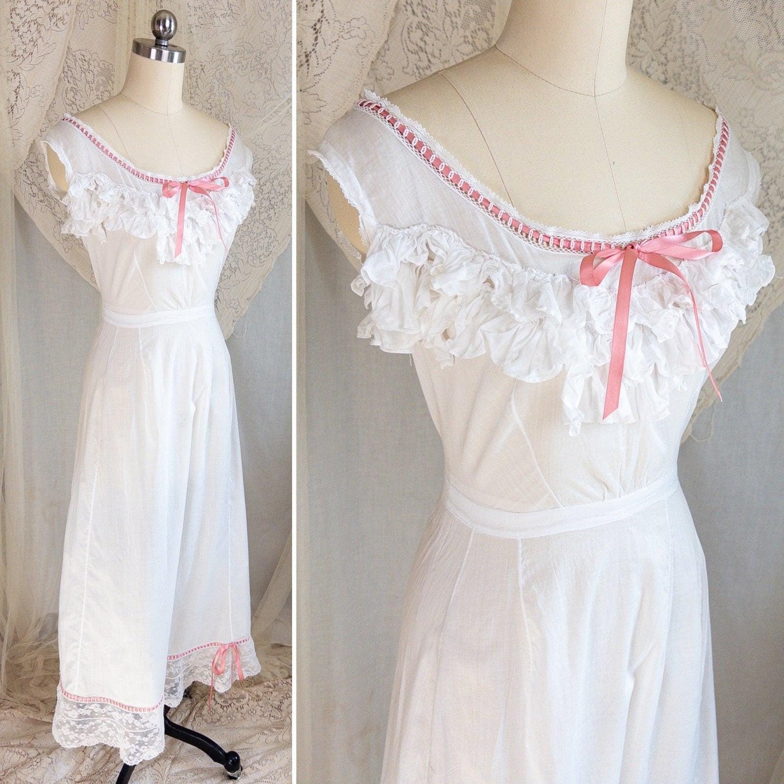 1910's Edwardian Princess Slip - White Cotton with Bobbin Lace Trim & Pink Satin Draswtrings - Daggers & Dames