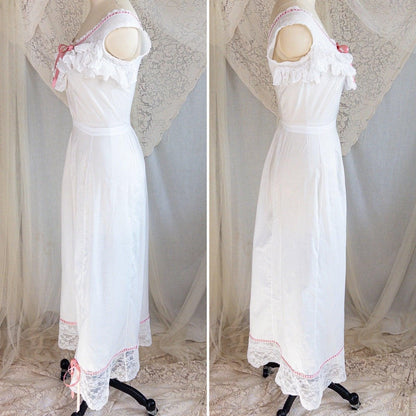 1910's Edwardian Princess Slip - White Cotton with Bobbin Lace Trim & Pink Satin Draswtrings - Daggers & Dames
