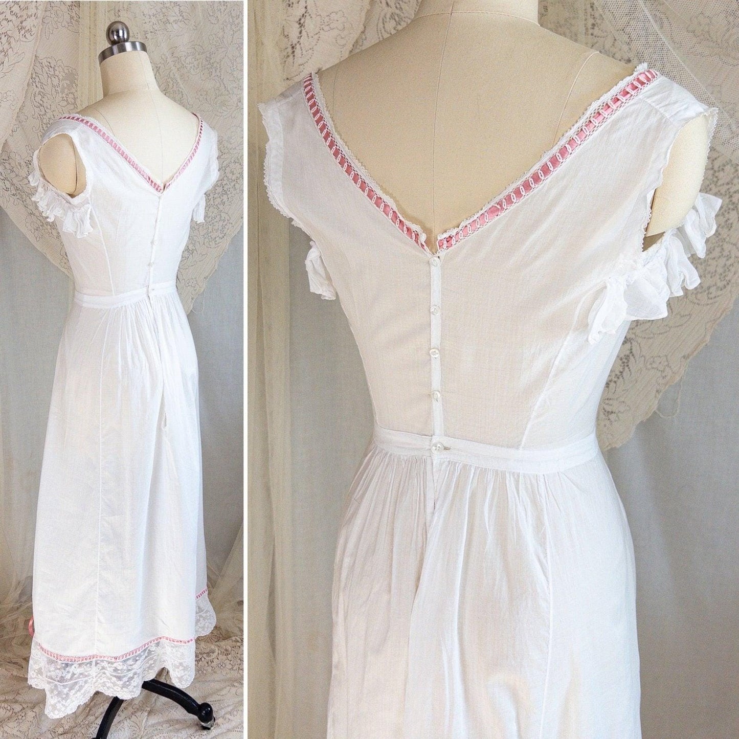 1910's Edwardian Princess Slip - White Cotton with Bobbin Lace Trim & Pink Satin Draswtrings - Daggers & Dames