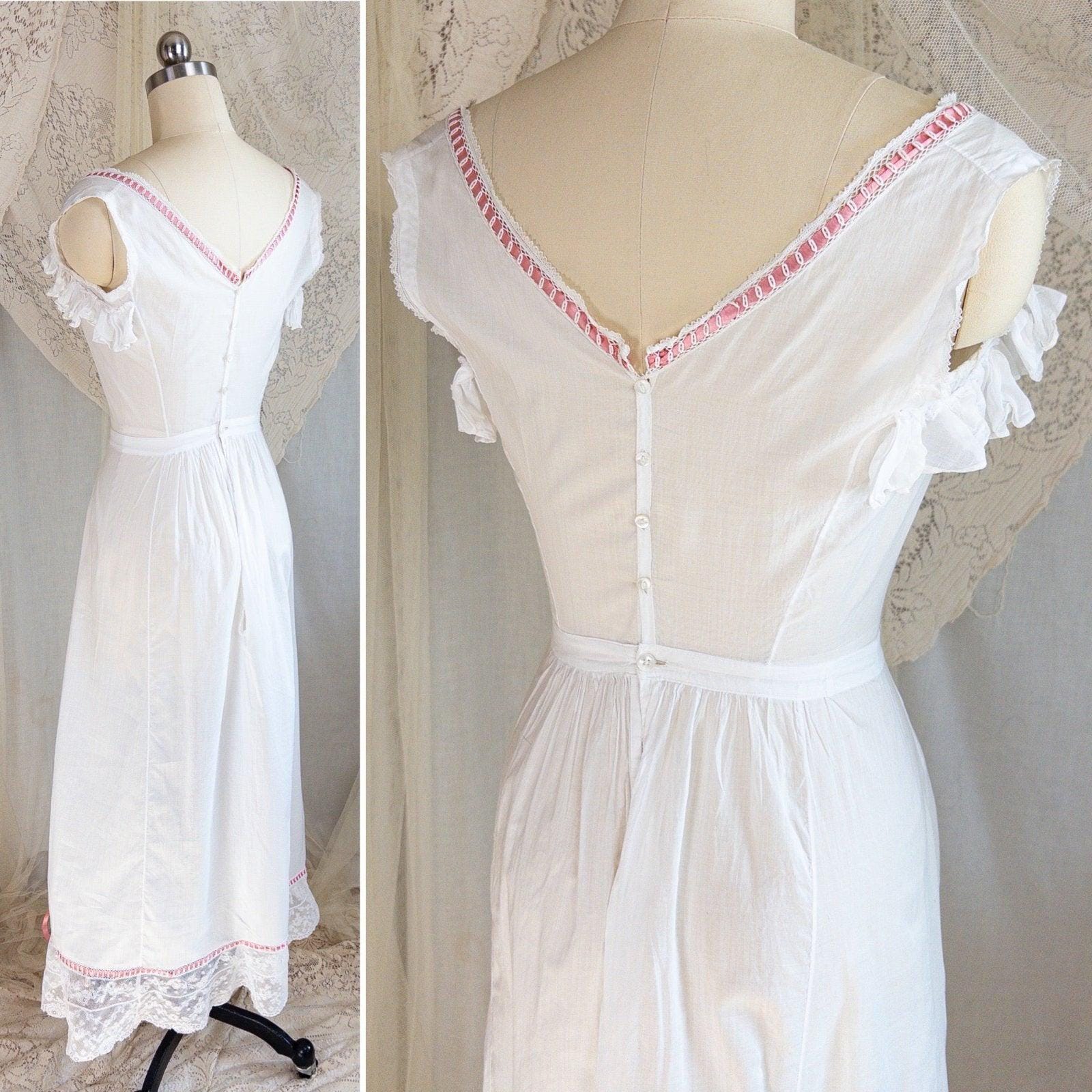 1910's Edwardian Princess Slip - White Cotton with Bobbin Lace Trim & Pink Satin Draswtrings - Daggers & Dames