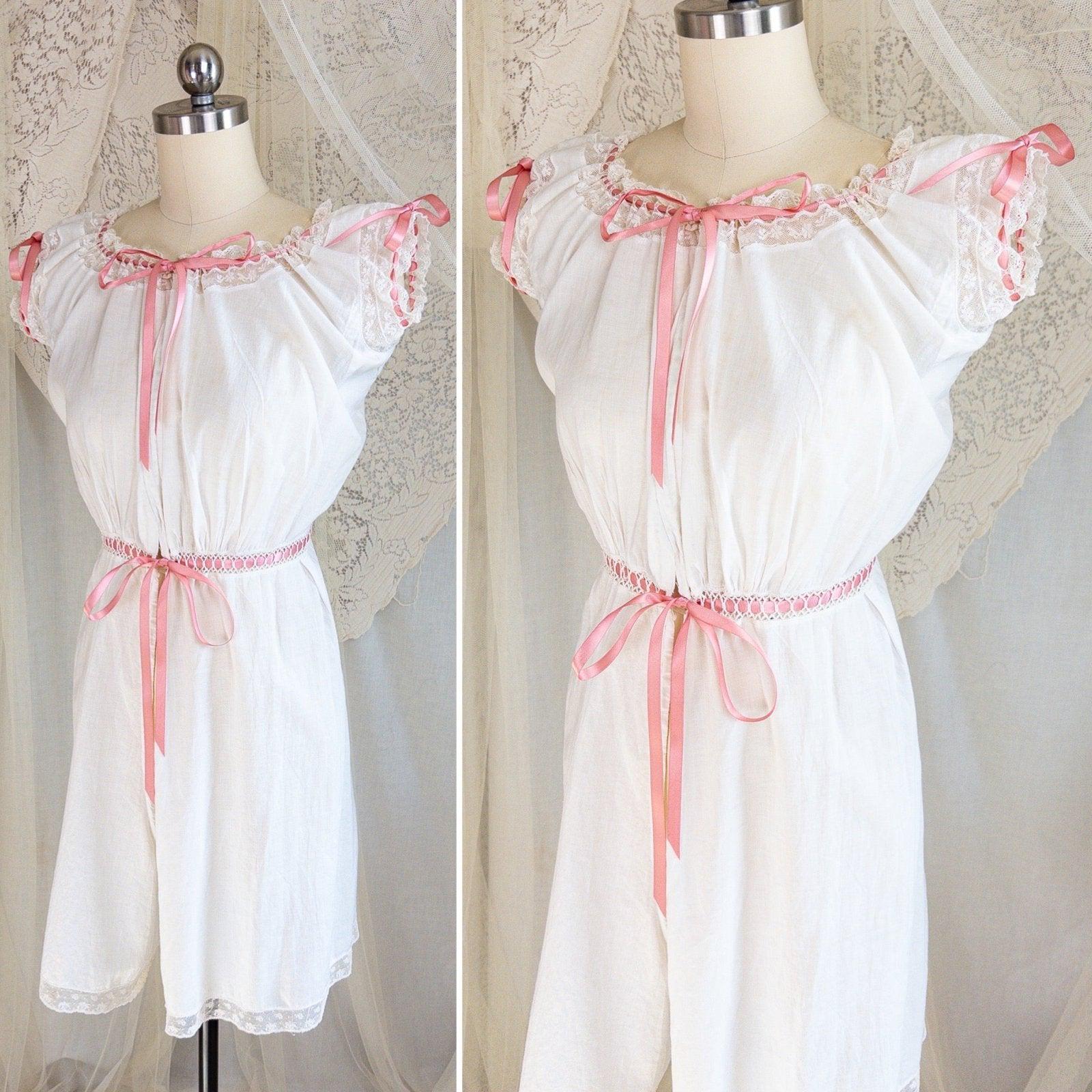 1900's Victorian Era Camiknickers - Soft White Cotton Lawn with Bobbin Lace & Pink Ribbon Drawstrings - Daggers & Dames