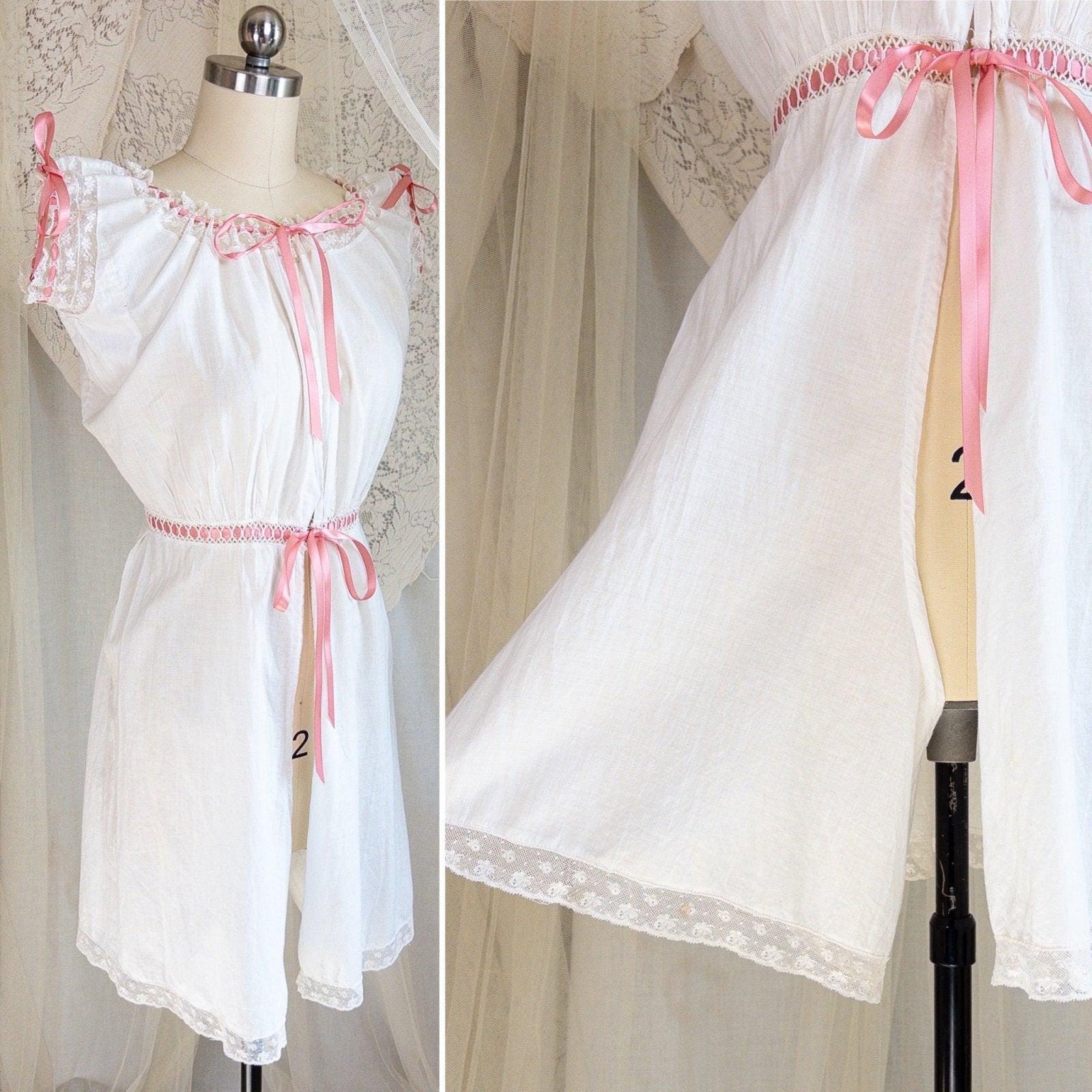 1900's Victorian Era Camiknickers - Soft White Cotton Lawn with Bobbin Lace & Pink Ribbon Drawstrings - Daggers & Dames