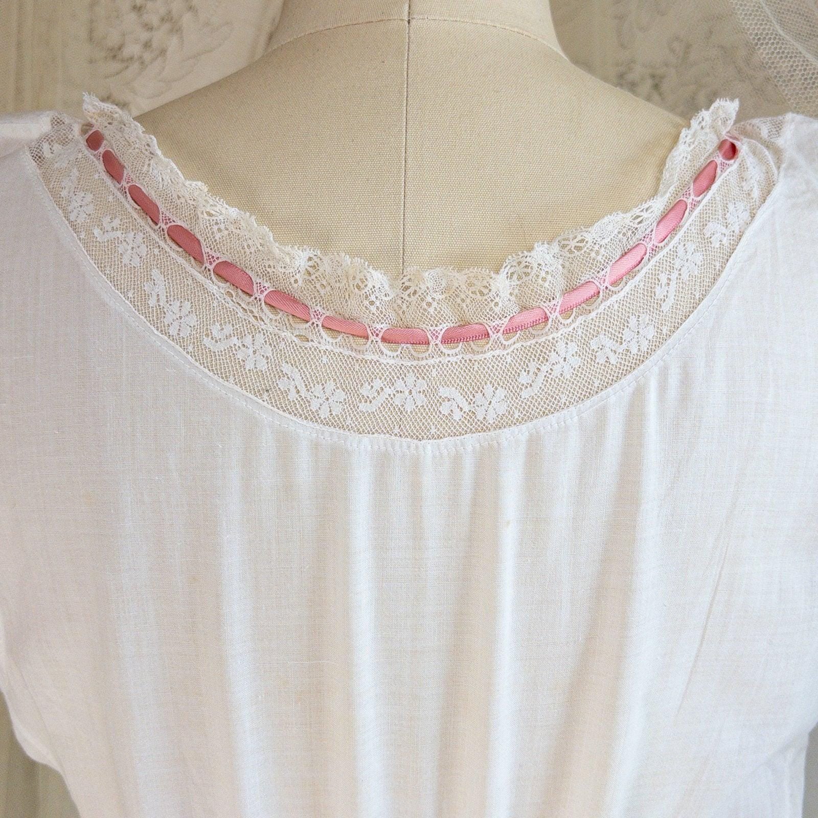 1900's Victorian Era Camiknickers - Soft White Cotton Lawn with Bobbin Lace & Pink Ribbon Drawstrings - Daggers & Dames
