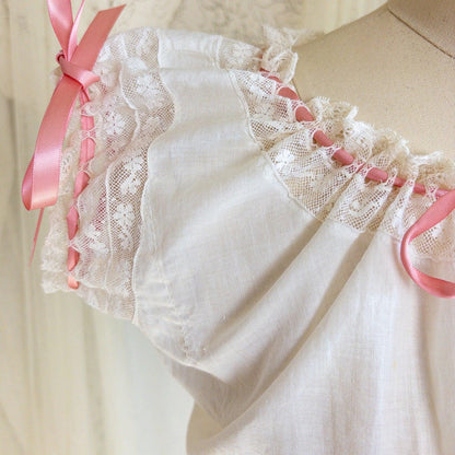 1900's Victorian Era Camiknickers - Soft White Cotton Lawn with Bobbin Lace & Pink Ribbon Drawstrings - Daggers & Dames