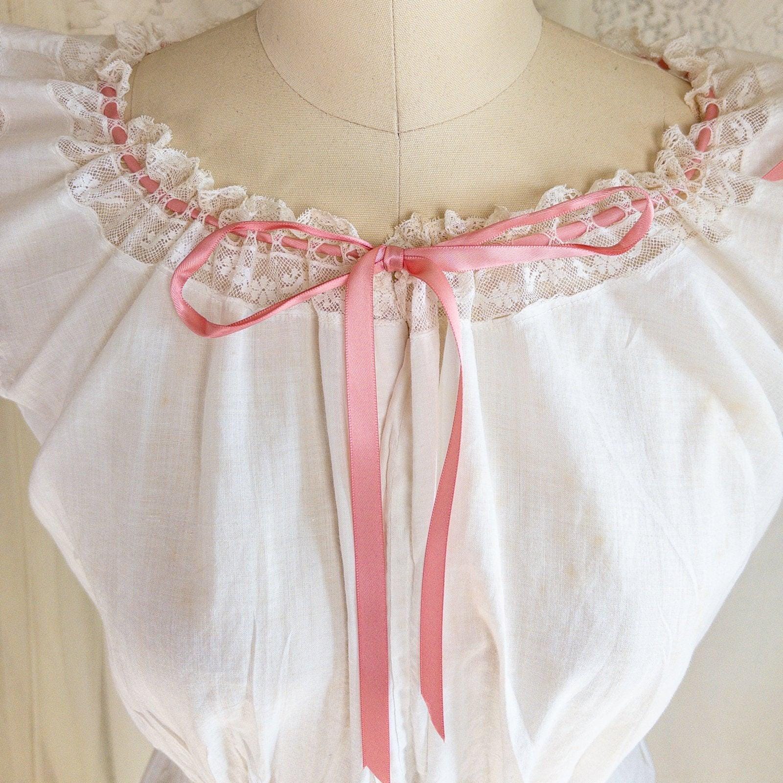1900's Victorian Era Camiknickers - Soft White Cotton Lawn with Bobbin Lace & Pink Ribbon Drawstrings - Daggers & Dames